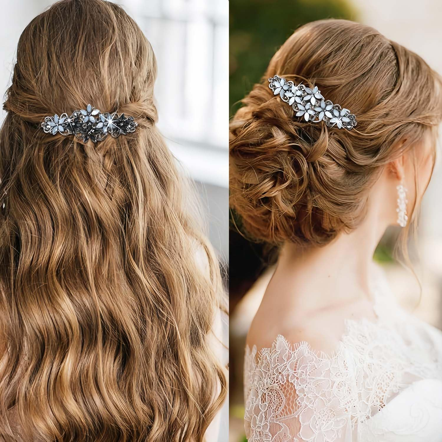 2 Pieces Elegant Hair Clips for Women and Girls - Crystal Flower Glitter Clip and Exquisite Vintage French Hair Accessories (Black Blue/Blue) image number 4
