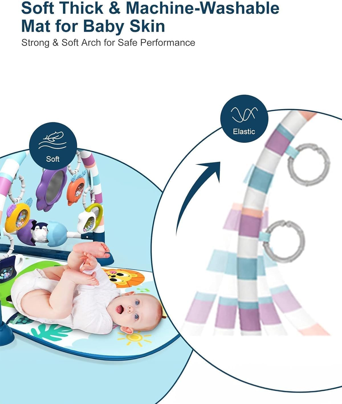 Veraste Baby Play Mat Baby Gym,Funny Play Piano Tummy Time Baby Activity Mat with 5 Infant Sensory Baby Toys, Music and Lights Boy & Girl Gifts for Newborn Baby 0 to 3 6 9 12 Months（New Blue） - New Blue image number 4