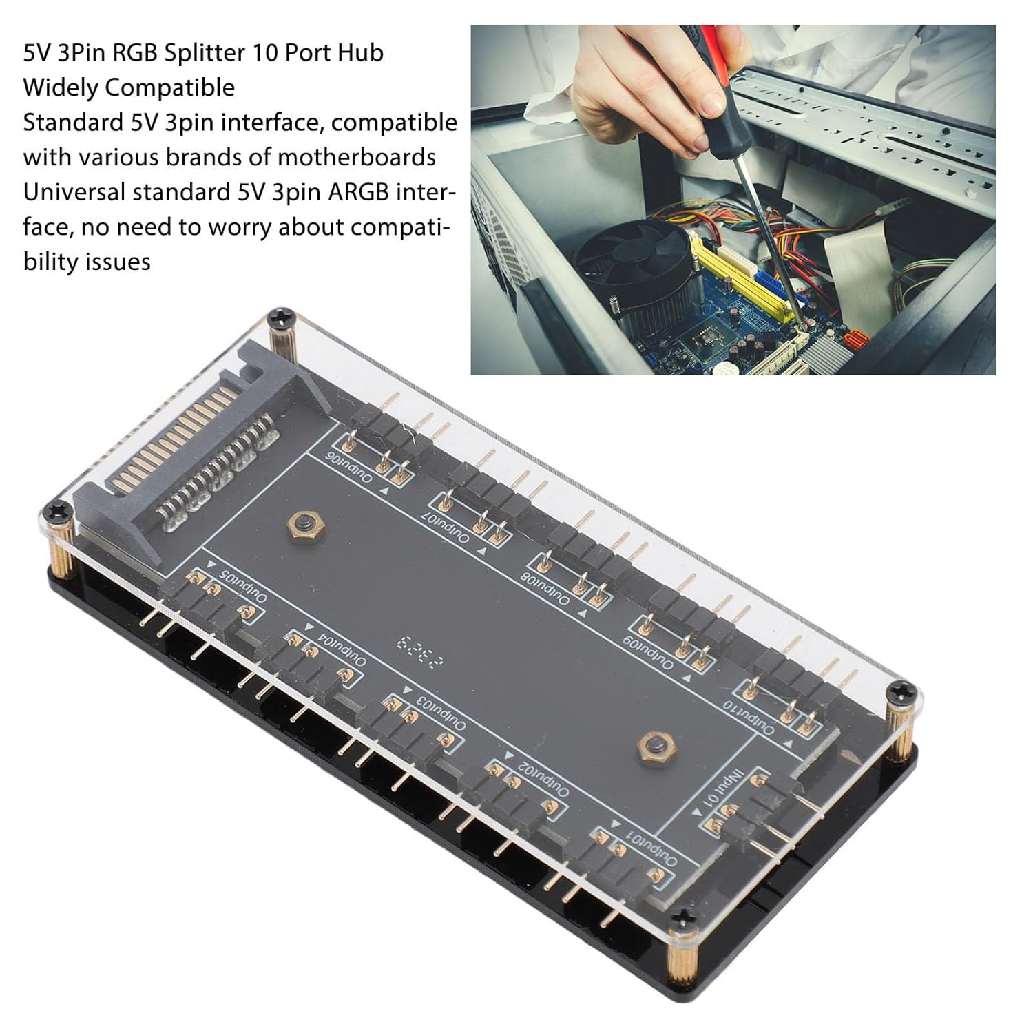 10 Way 5V 3Pin ARGB Hub with Acrylic Case, Universal RGB Fan Hub, Compatible With, Msi,Motherboards, Easy to Install, with 52CM Motherboard Cable image number 1