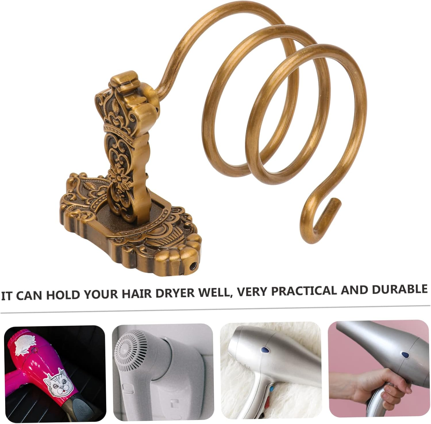 TOVINANNA Retro Space Aluminum Hair Dryer Holder European Style Wall-Mounted Hair Dryer Rack Vintage Crown Design for Bathroom Storage image number 4