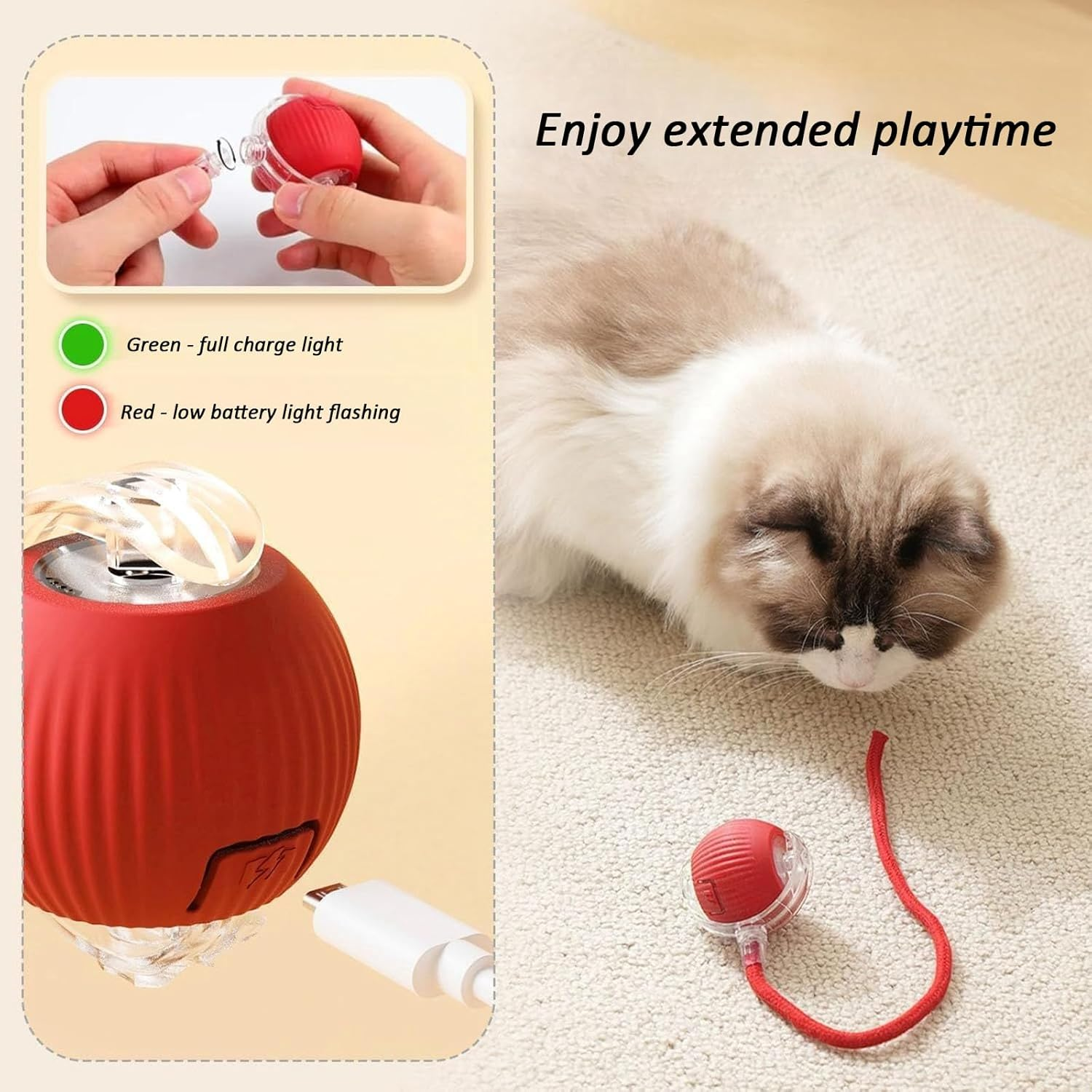 KIZCGE Cat Toys Ball, Interactive Cat Toy for Indoor Cats, 360&deg; Automatic Moving Cat Toy Ball, USB-C Rechargeable Kitten Toys (Red) - Red image number 4