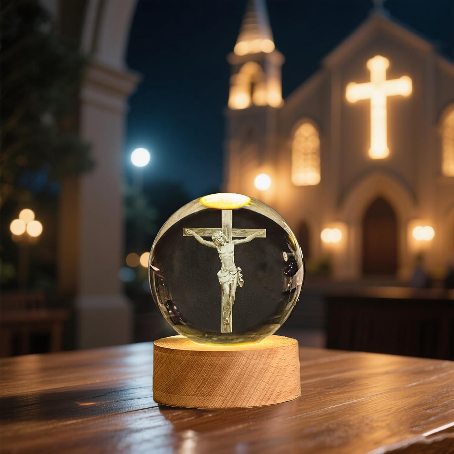 3D Crystal Ball Cross Night Light Desk Table Lamps, with Glowing Base, Laser Engraved Praying in Hand Crucifix Easter Decoration Christian Catholic Religious Gifts (Jesus Cross) - Biblical Cross image number 7