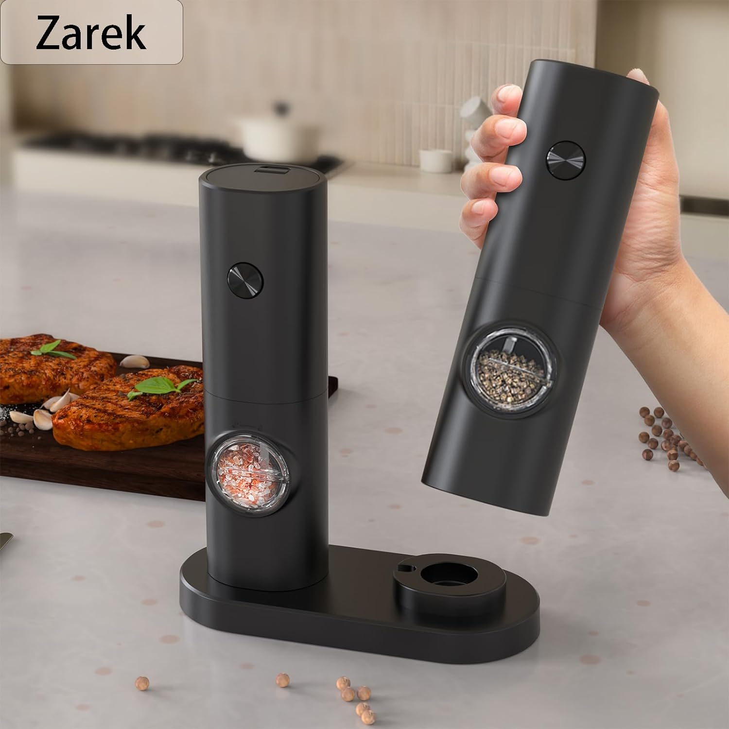 Zarek Set Two of Electric Salt and Pepper Grinder with Adjustable Coarseness and White LED Light for BBQ Restanrant Home Kitchen