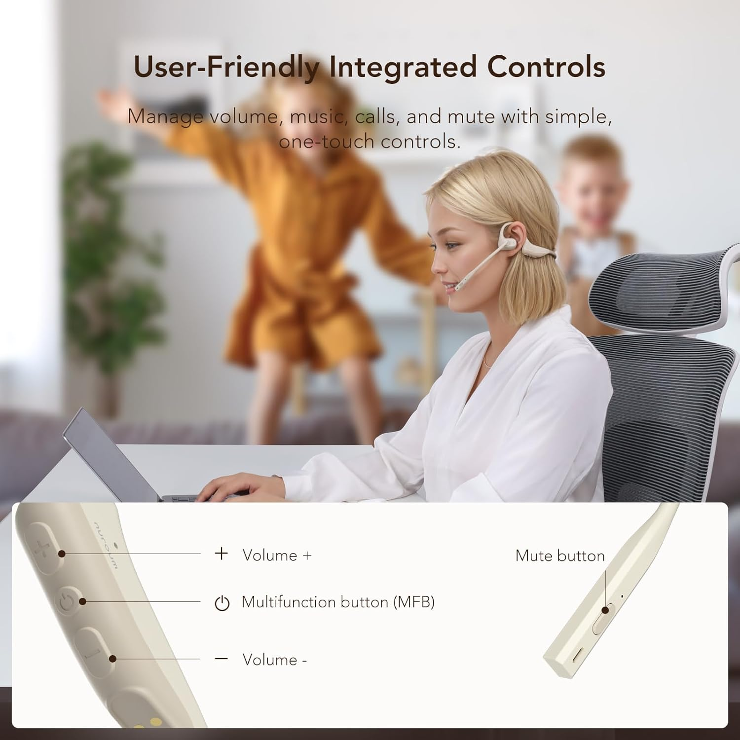 Nuroum OW20B Open Ear Bluetooth Headphones with Noise-Cancelling Microphone, Mute Switch, Bluetooth 5.3 Dual Connection, 15H Runtime, Wireless Headphones for Home Office/Office/Travel, Beige image number 3