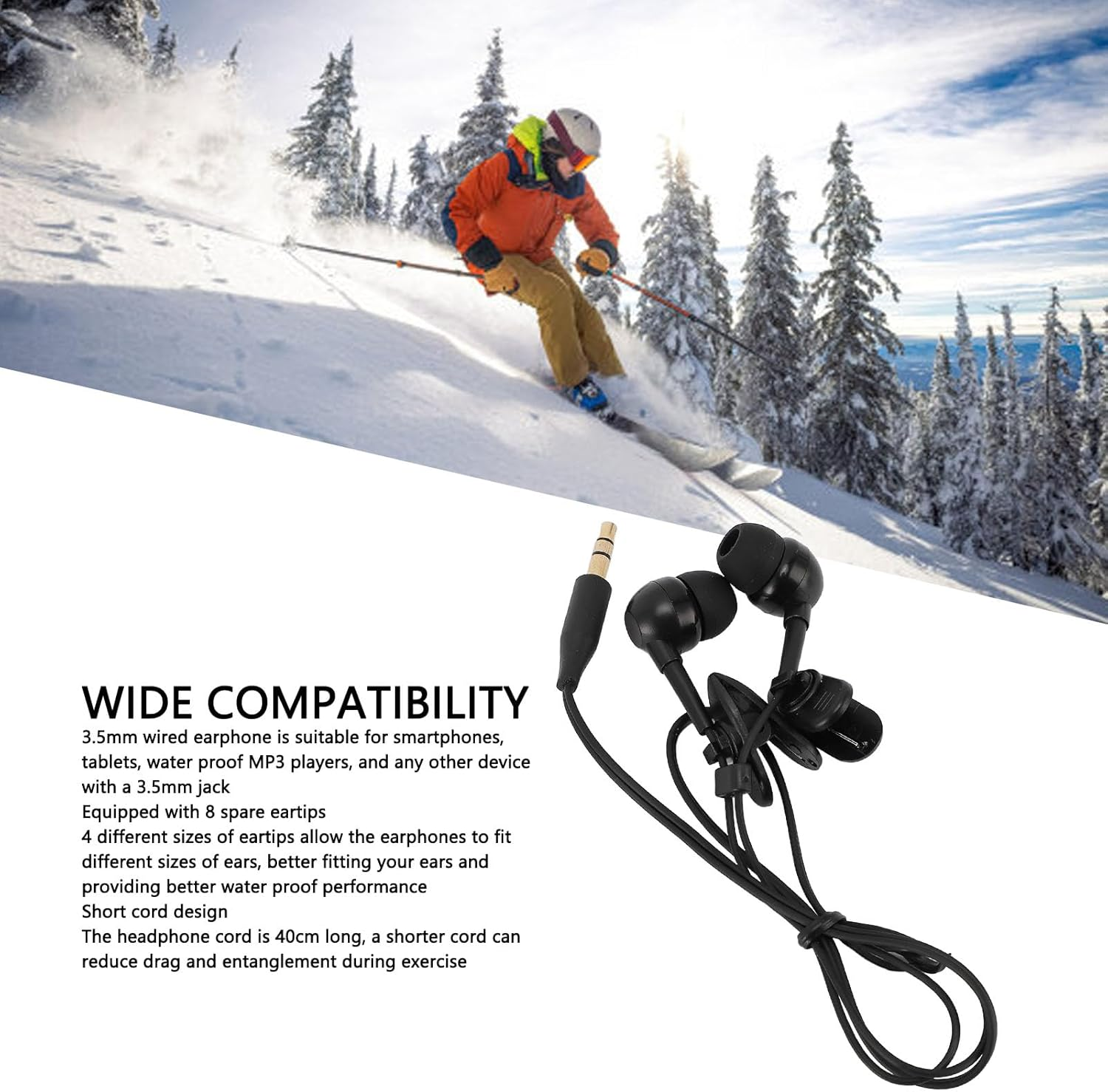 IP68 Waterproof Earbuds, 3.5Mm Plug, Wired Swimming Earbuds, Wired Earbuds, 40Cm Short Cable with 8 Earplugs and 2 Clips, for Swimming, Surfing