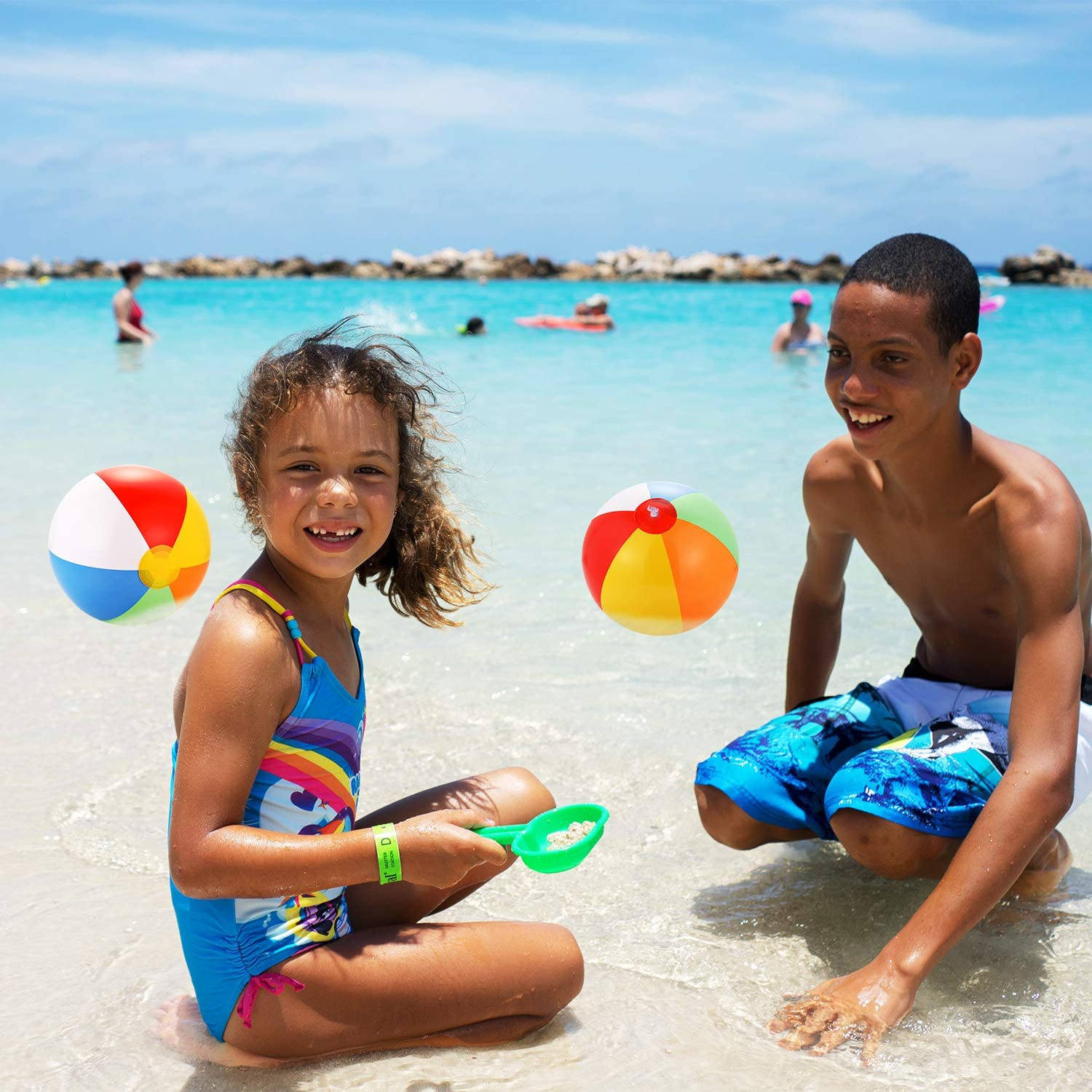 Meekoo 6 Pieces Inflatable Palm Trees Jumbo Coconut Trees Colorful Beach Balls Rainbow Color Balls Beach Inflatable Bananas for Hawaii Beach Luau Party Backdrop Decoration image number 6