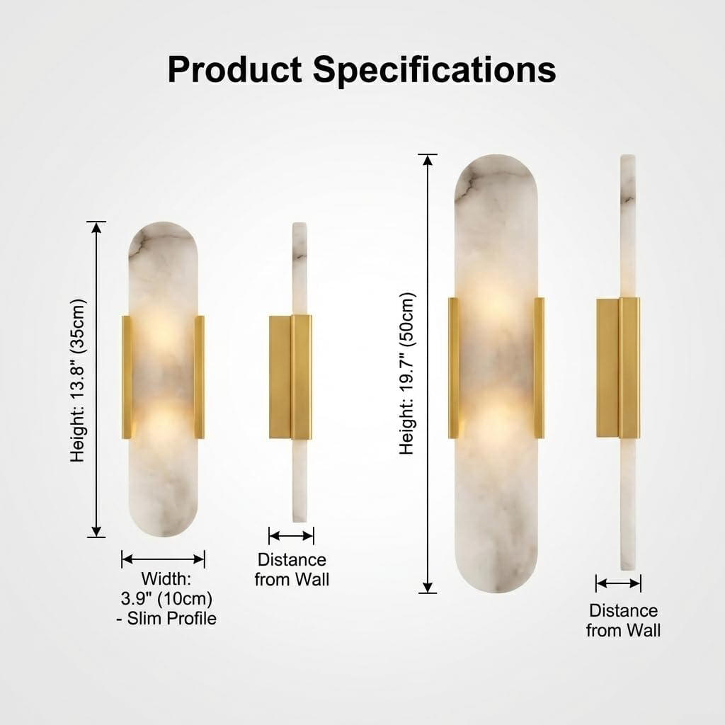 Natural Alabaster Wall Sconce Set of 2 &ndash; Modern Marble Wall Lamp for Bedroom, Bathroom Vanity, Living Room, Hallway & Staircase &ndash; Stone Alabaster Lamp Lighting Fixture(Gold,35Cm) image number 1