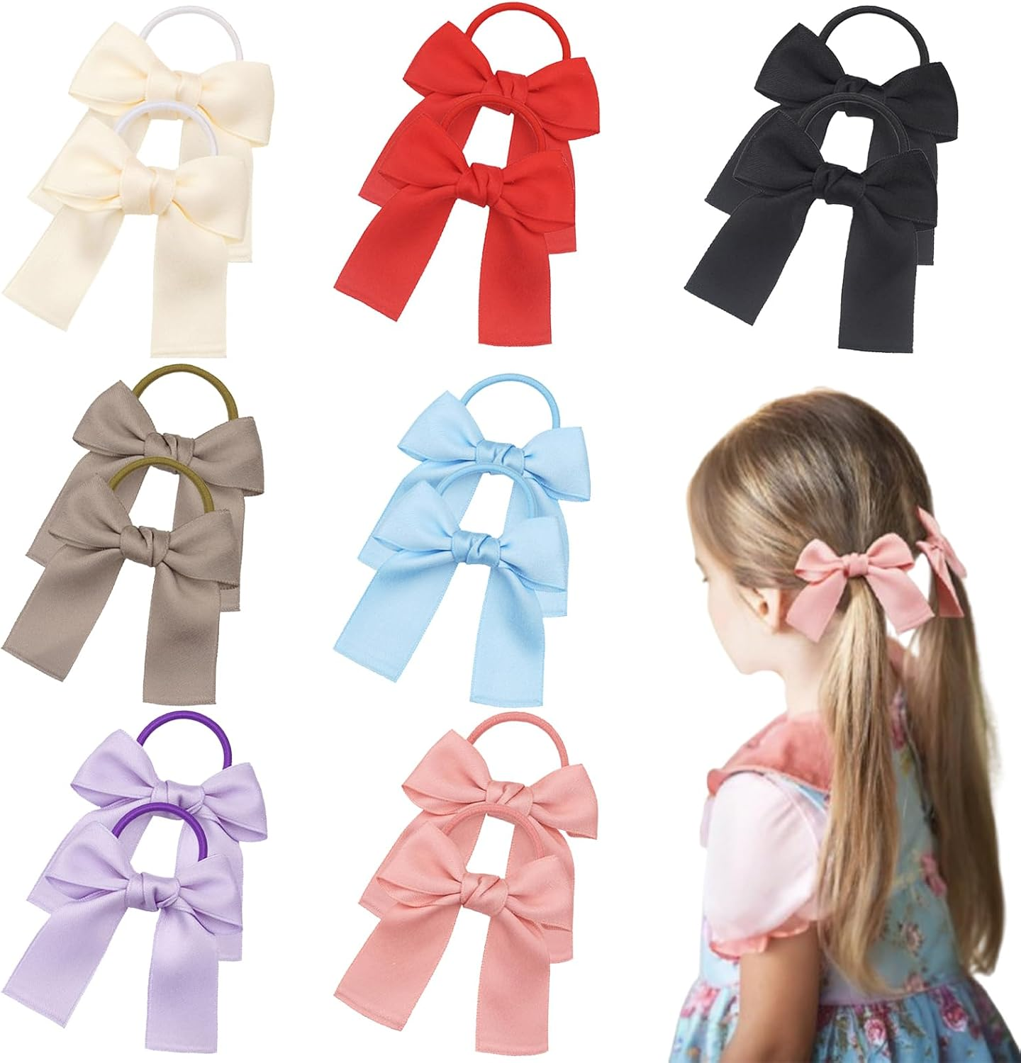 14 PCS Toddler Hair Bows Set - Ribbon Bows for Girls, Elastic Hair Ties, Pigtail & Ponytail Accessories, Colorful Rubber Bands for Toddlers image number 4