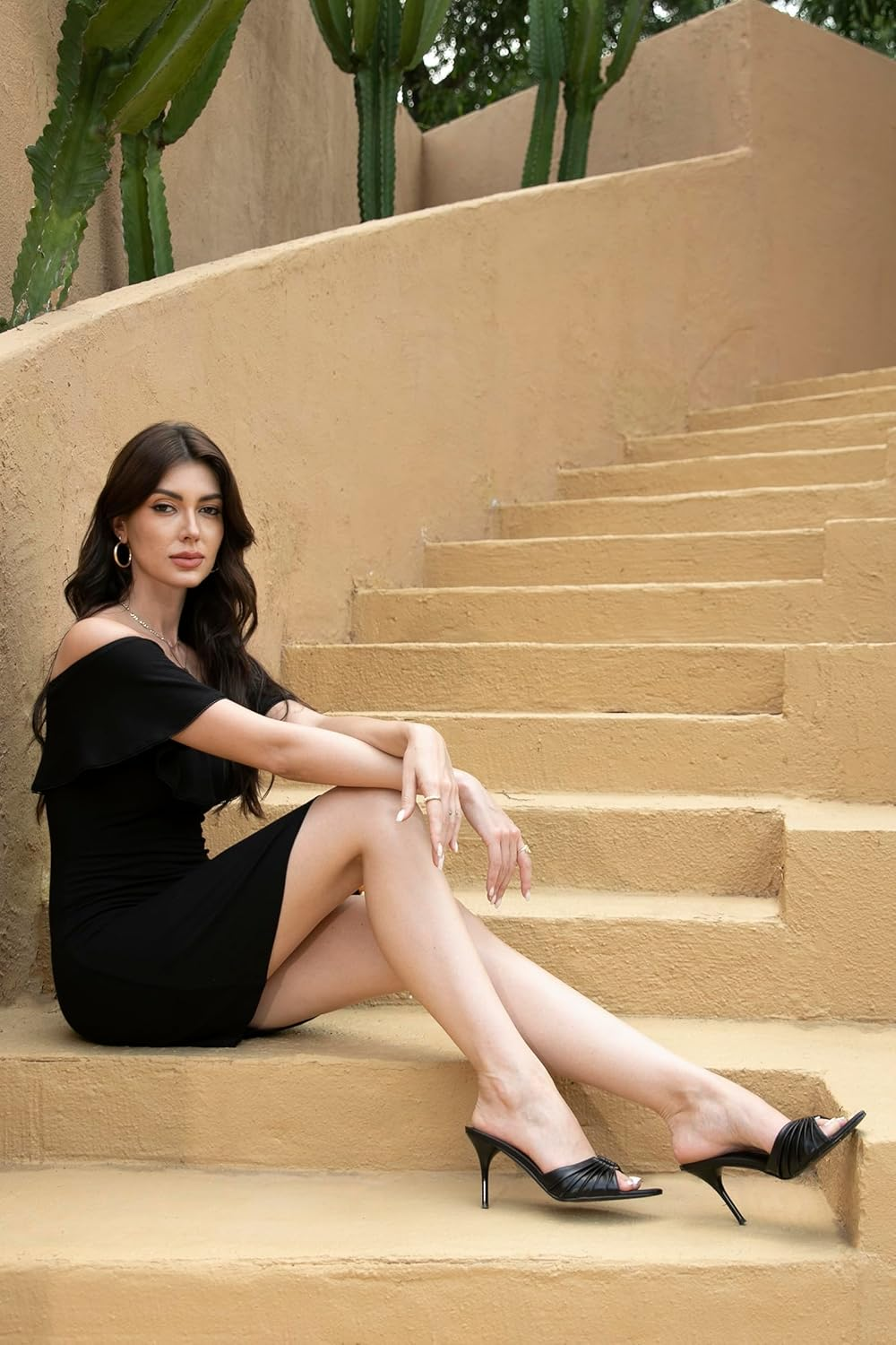 Iiimmu 3.5 in Stiletto Mules High Heels with Pointed Peep Toe Heeled Sandals Faux Leather image number 2