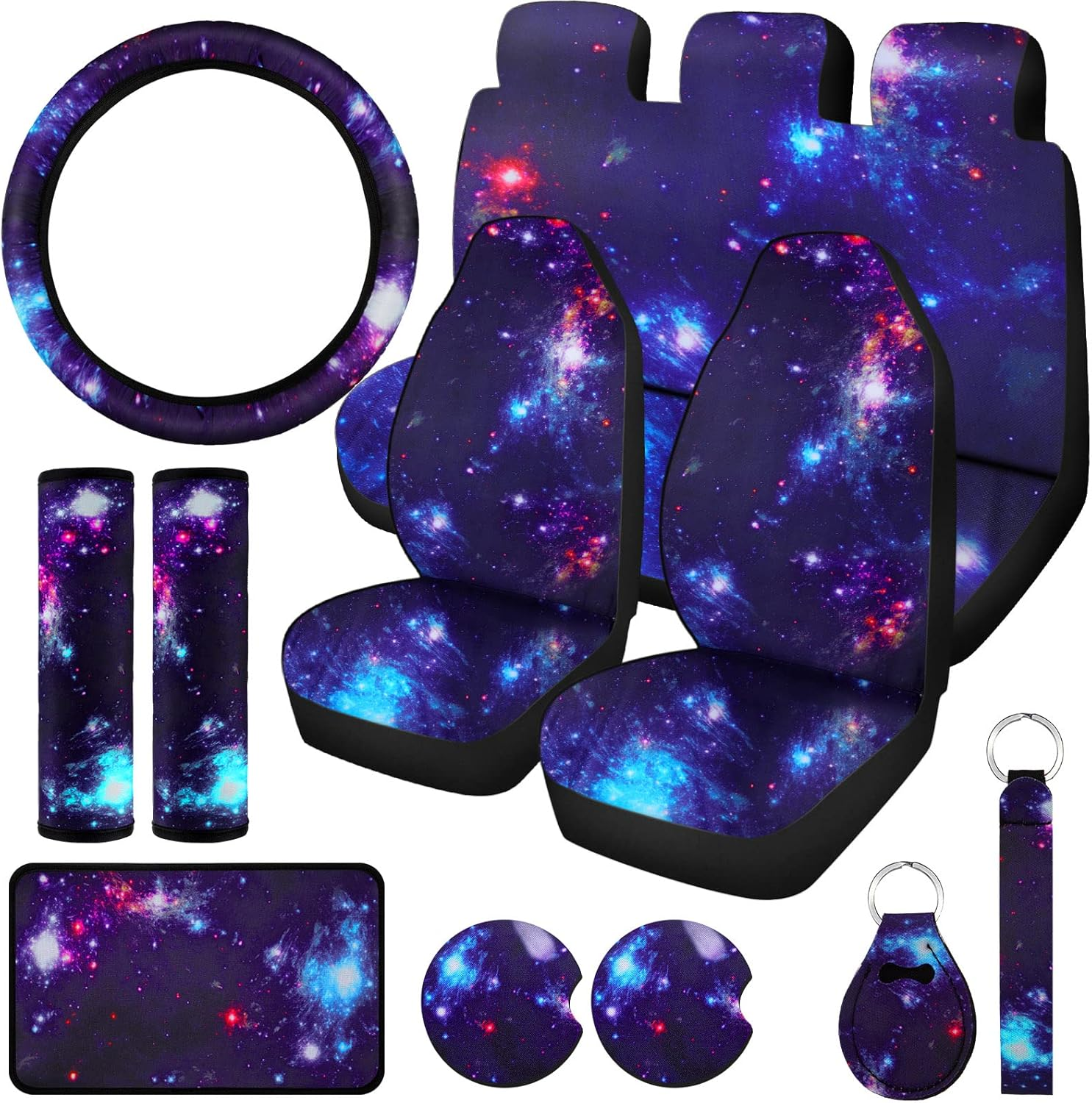 Frienda 15 Pieces Galaxy Car Seat Cover Steering Wheel Cover Universal Star Space Galaxy Car Accessories Separate Headrest Seat Belt Pads Fit for Auto Truck Van SUV image number 4