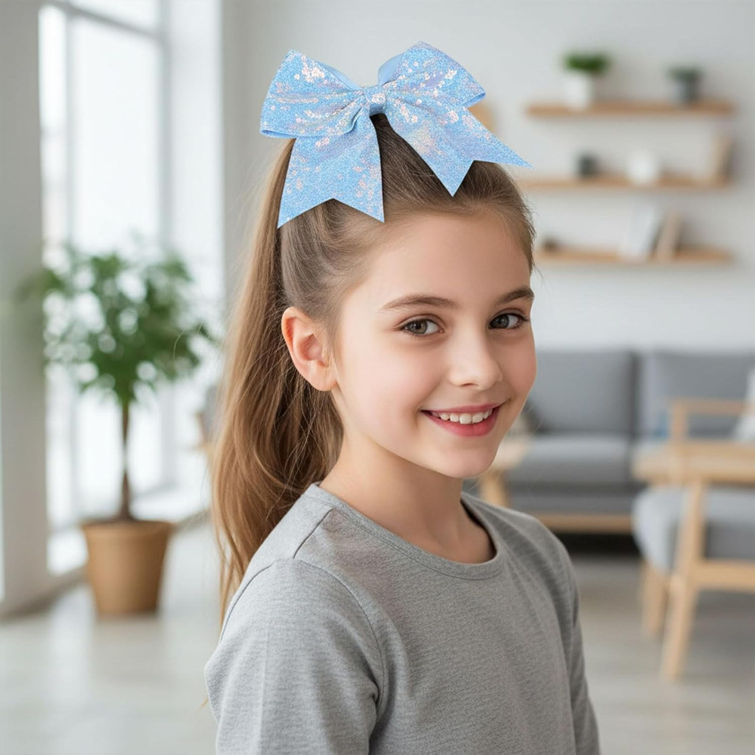 Sequin Hair Bow Elastic Hair Tie with Ribbon Design, 19&times;18 Cm Large Cheer Bow Hair Accessory for Girls Women Teens &ndash; Ruibex(Light Blue) - Light Blue image number 3