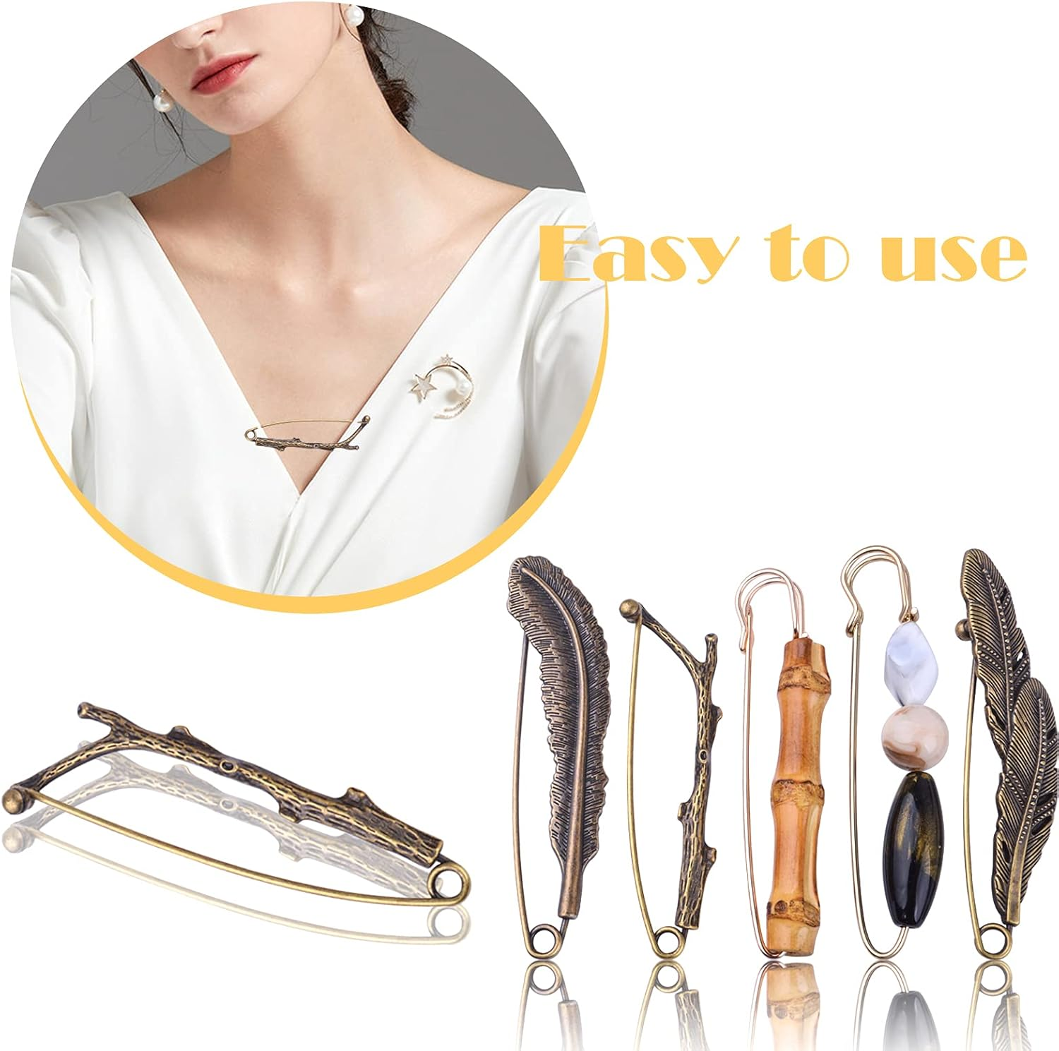 5Pcs Vintage Chic Brooch Extra Large Safety Pins Heavy Duty Safety Pins Accessories for Women Men Clothing Sweaters Shawls Collars Scarf Blankets Crafts, 5 Styles, Large, Metal image number 3