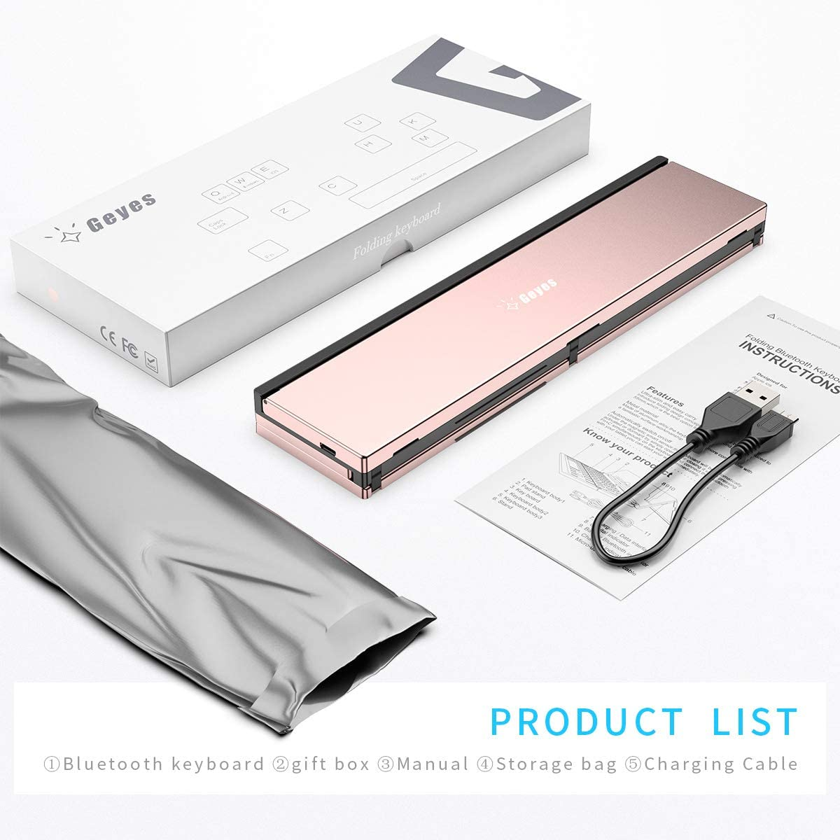 Folding Keyboard,Geyes Portable Travel Bluetooth Keyboard for Iphone12 /11 / Xs Max/X/8/7 Plus/7/6S Plus/6/Ipad 2018 9.7/Air 2 /Pro 9.7/Ipad Mini 5/4, Samsung Android Tablet Smart Phone (Rose Gold) - Rosegold image number 5