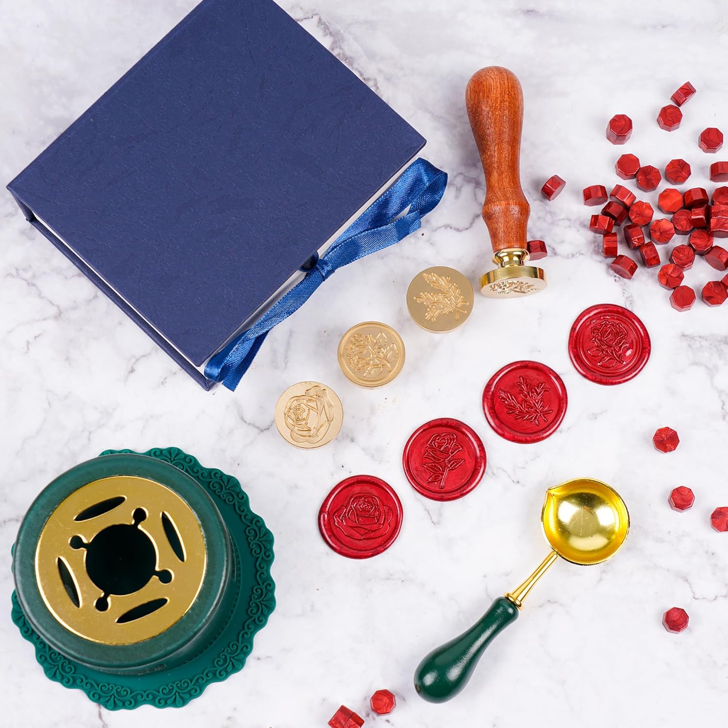 Wax Seal Stamp Set, 4 Pieces Flower Plant Sealing Wax Stamp Premium Brass Heads with 3 Rose Flower Styles 1 Rosemary Style 1 Wooden Handle for Wedding Invitation Greeting Card Envelope Gift image number 3