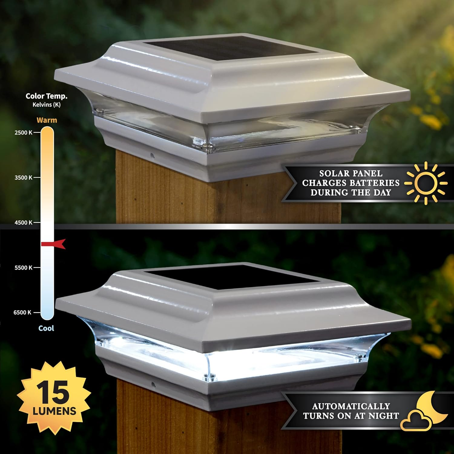 Classy Caps SL211W 4X4 Imperial Solar Post Cap - 2 Pack, White &ndash; High-Performance LED Lights, Durable Cast Aluminum, Warm and Cool Light Modes, Fits 4"X4" or 3.5"X3.5" Posts, Ideal for Decks, Fences image number 6