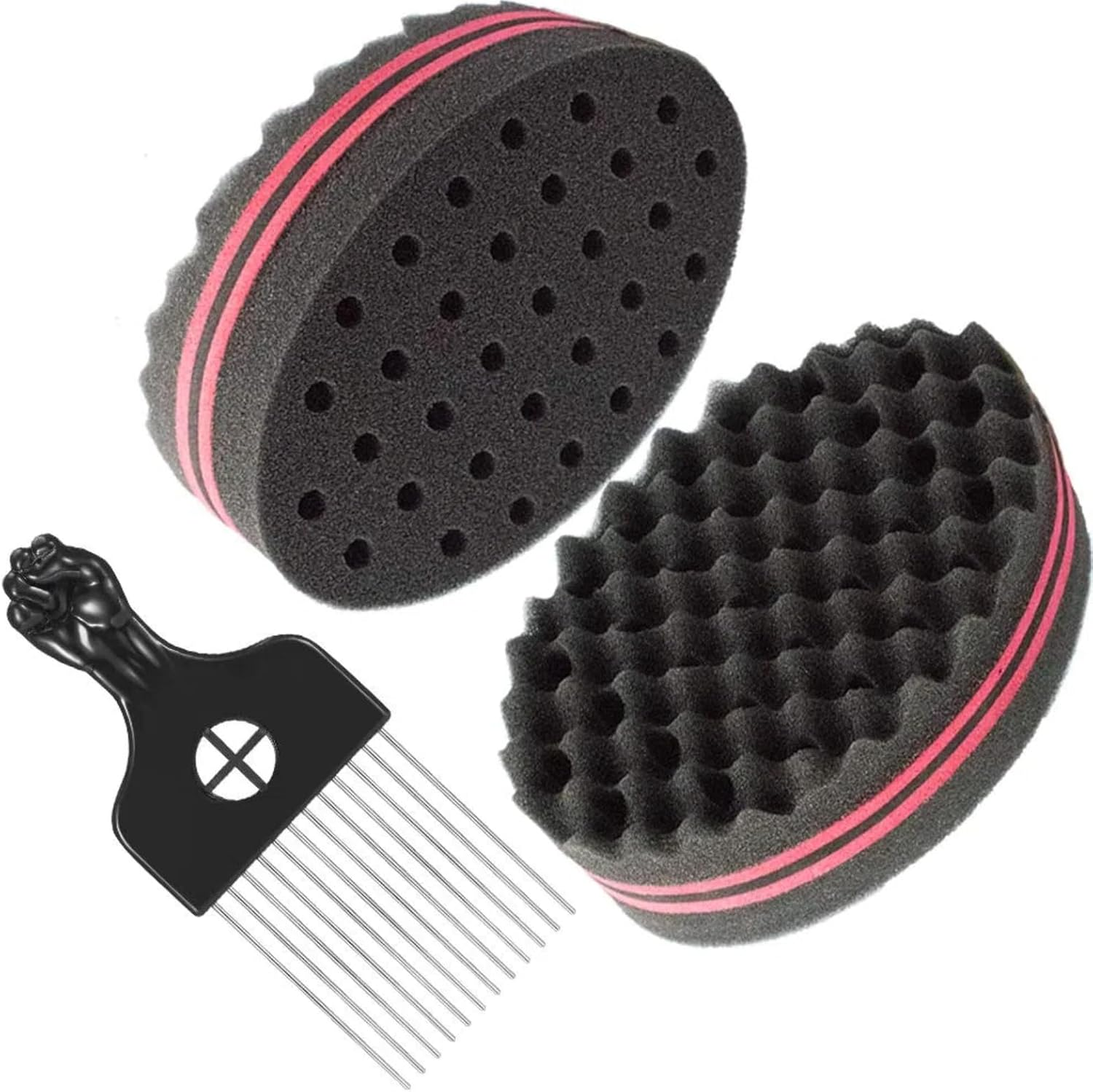 MILIOG Magic Curl Sponge Set for Men & Women &ndash; 3PCS Hair Styling Kit with Glove, Metal Pick & Twist Comb | Textured Hair Tools for Afro, Natural Curls, Dreads & Waves (Black)