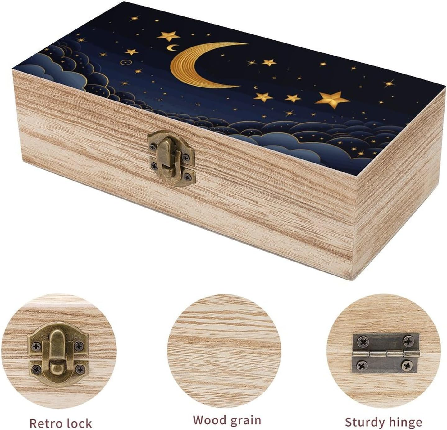Stars and Moon Wooden Box Wood Wedding Keepsake Boxes with Lids Small Decorative Boxes Lightweight Wooden Memory Storage Box for Crafts Keepsakes Jewelry Photo Letter Storage image number 1