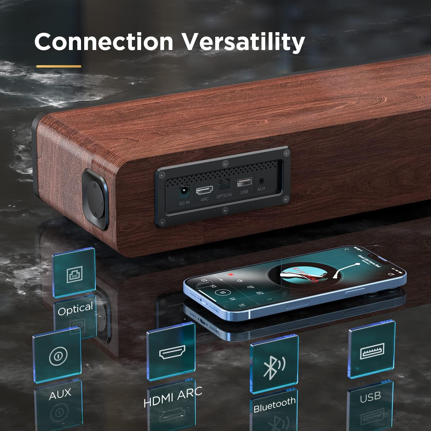 Sound Bar Wooden MEREDO Soundbar for TV with Built-In Subwoofer 165W 2.1CH with ARC Cable 5 EQ Mode (Adjust Bass & Treble) BT 5.0/Optical/Aux for Home Theater- 31 Inch, D47 Plus image number 5