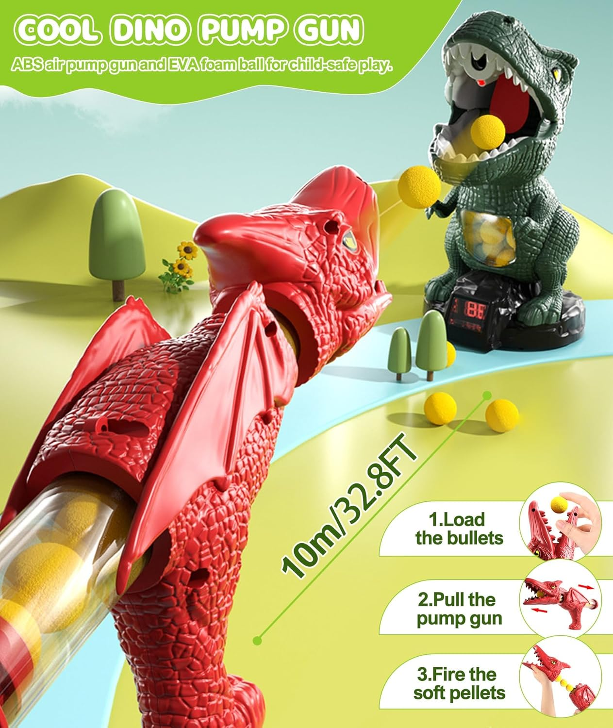 Movable Dinosaur Shooting Toy for Kids 3 4 5 6 7+ Years, 2 Air Pump Guns & 48 Foam Balls, LED Score + Spray Sound, T-Rex Target Game image number 4