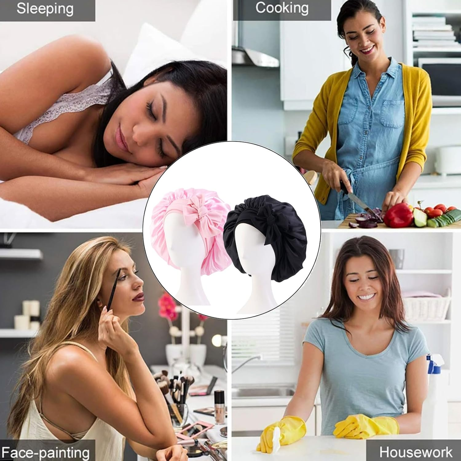 2Pcs Silk Satin Bonnet,Silk Hair Wrap for Sleeping,Silk Bonnet Hair Wrap for Sleeping,Tie Band for Women Long Curly,Silk Bonnet Sleep Cap for Curly Hair Perfect for Women Washing, Makeup, Sport, image number 3