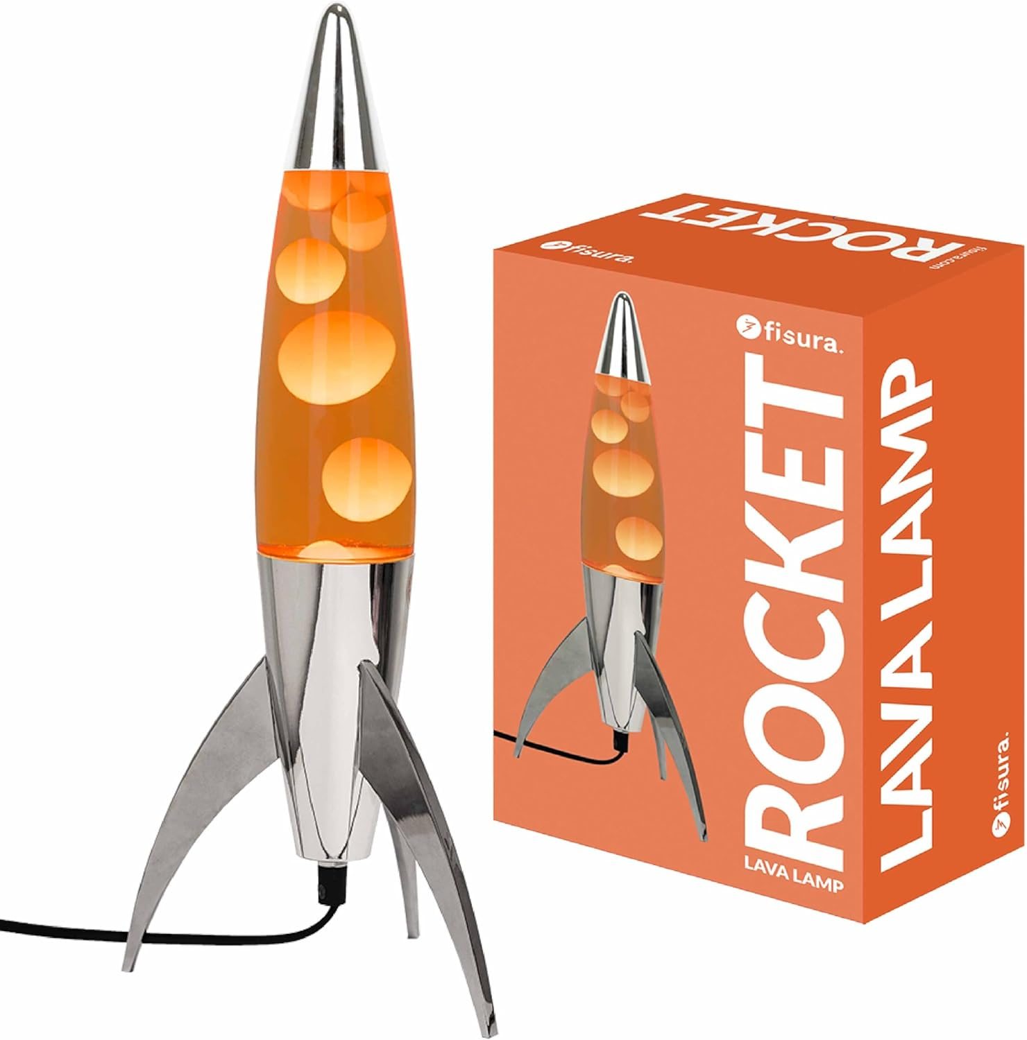 Fisura - Rocket Orange Lava Lamp, Chrome Base, Orange Liquid, 45Cm