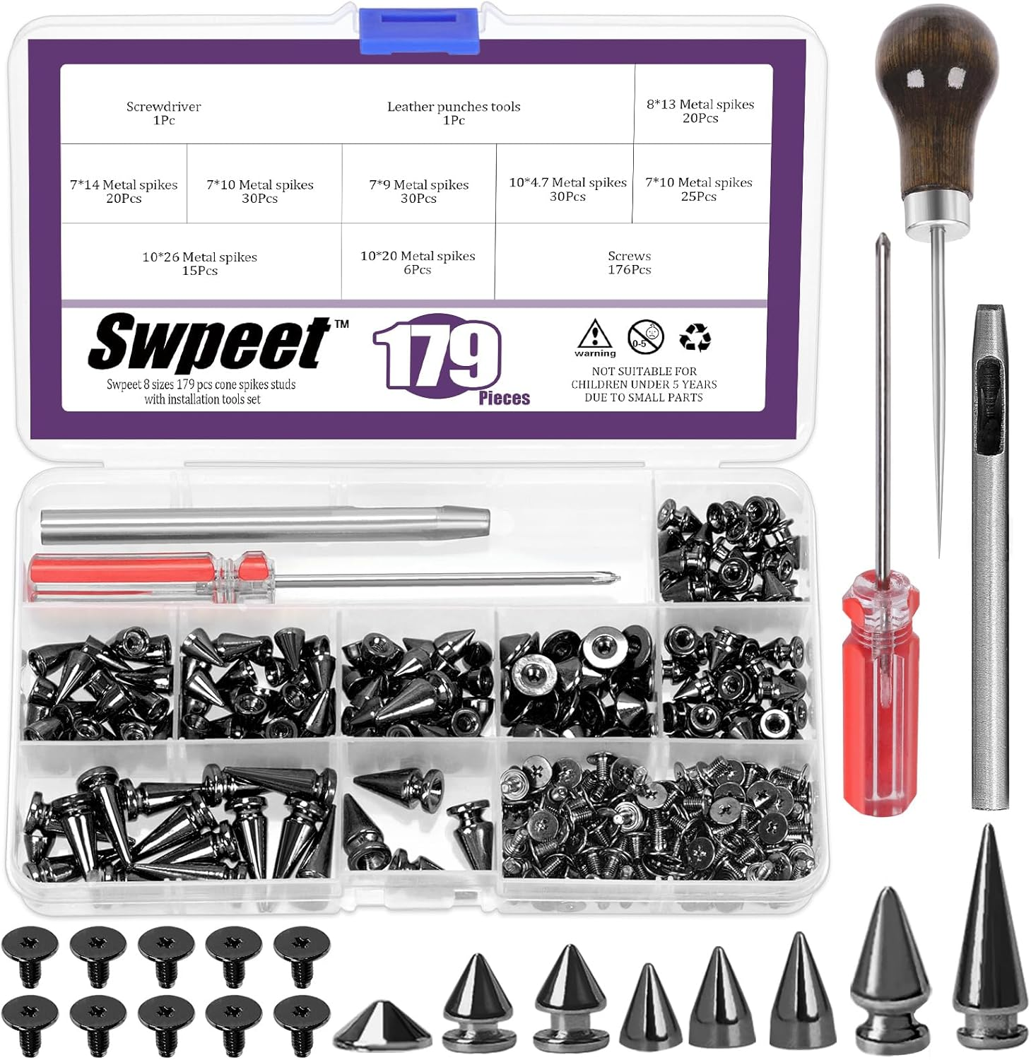 Swpeet 179 Sets 8 Sizes Bronze Cone Spikes with Scratch Awl Screwdriver Punch Assortment Kit, Punk Spikes and Studs Metal Tree Spikes Bullet Spikes Screwback Studs for Punk Clothing Craft DIY