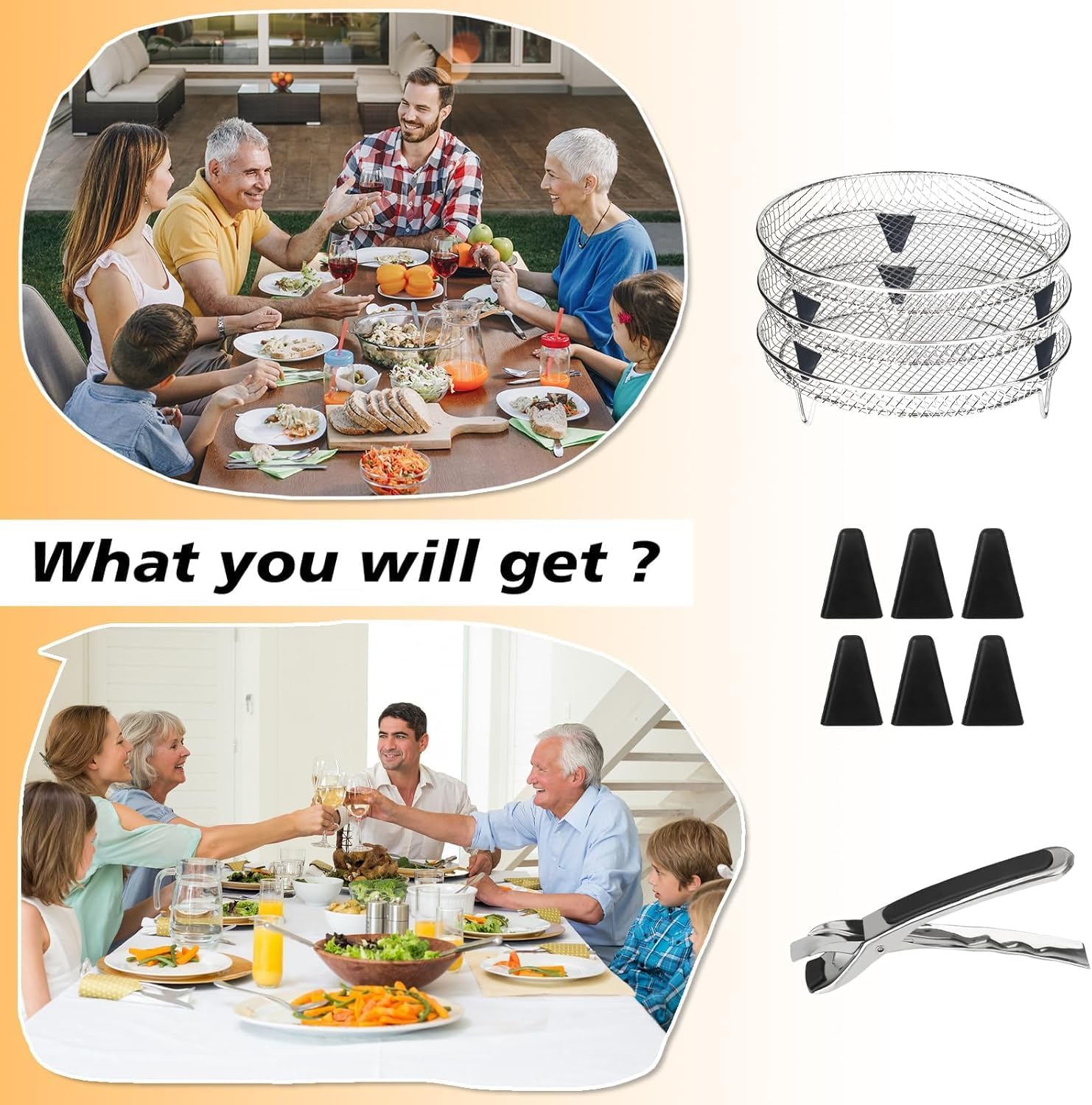 Air Fryer Accessories, 3-Layer Stackable Air Fryer Tray, 7.8X7.8 Inch round Rack, Stainless Steel, Space-Saving, Dishwasher Safe, for Ninja, Cosori, Gowise, Oven with Clip & Silicone Feet image number 3