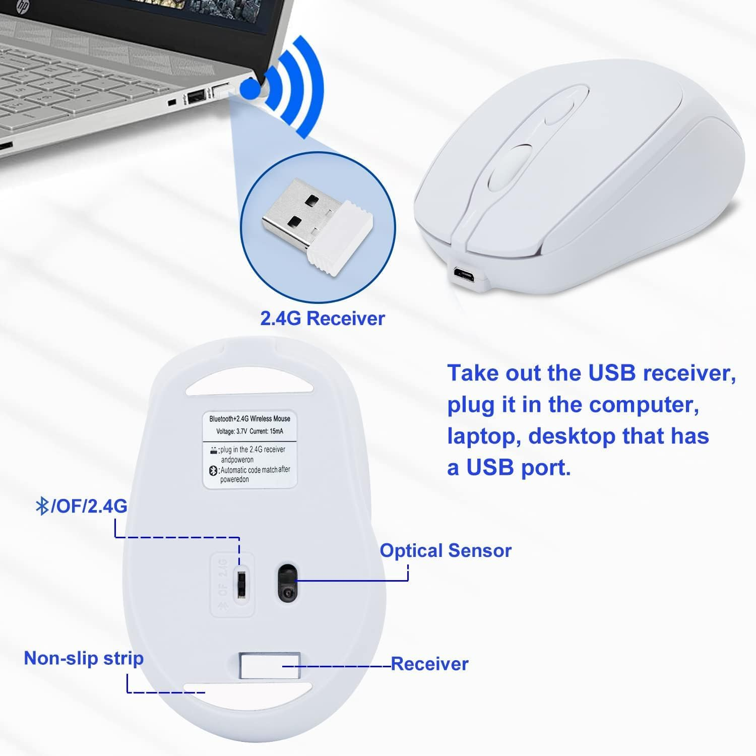Bluetooth Mouse,Rechargeable Wireless Mouse for Laptop/Ipad/Macbook Pro/Air, Silent Mouse Portable Slim for Surface Pro/Pc/Lenovo/Samsung Tablet (White) image number 1
