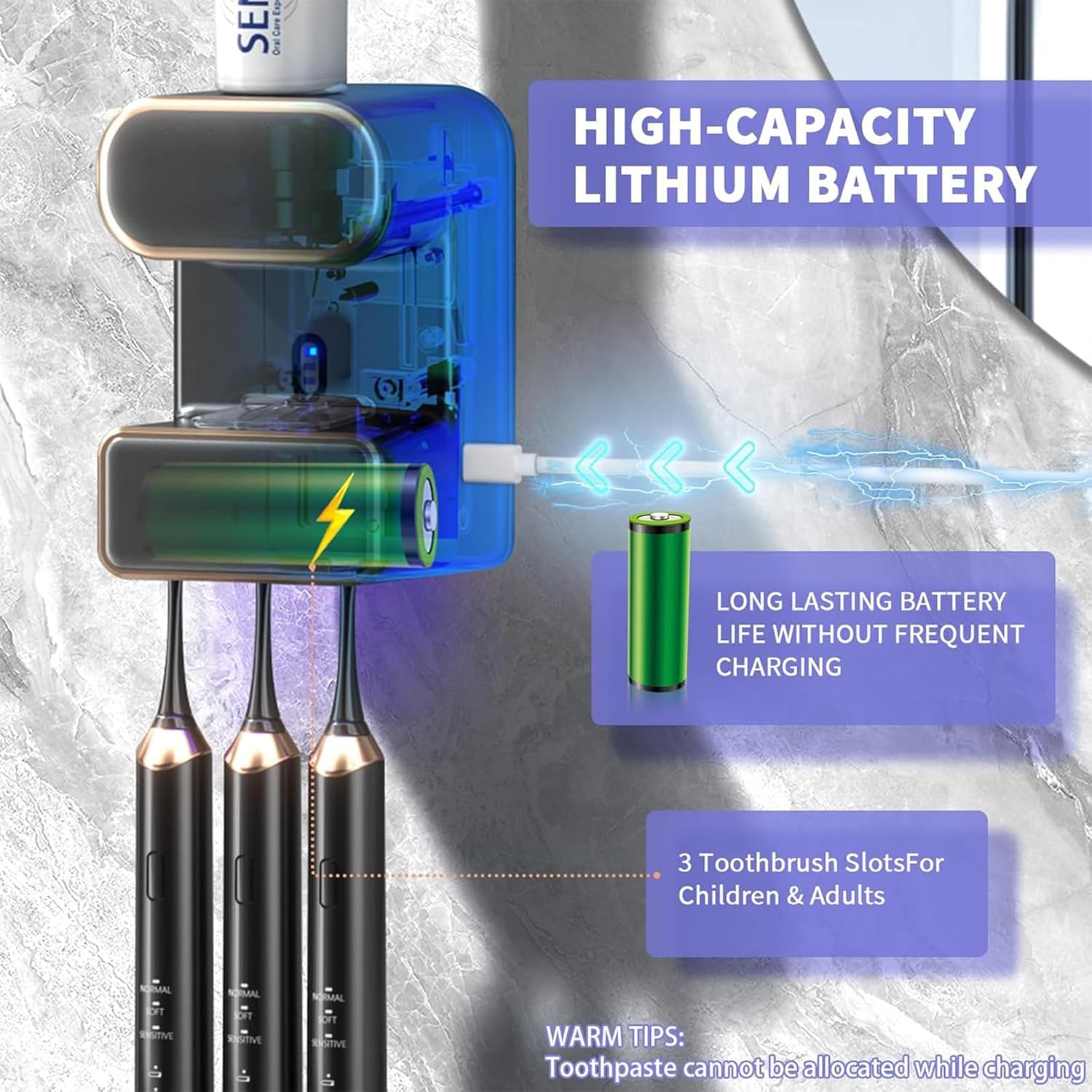 Heyinova Automatic Toothpaste Dispenser,Wall Mounted Electric Toothpaste Dispenser with 3 Toothpaste Slots,Toothpaste Dispenser for Kids and Adults (Black) image number 2