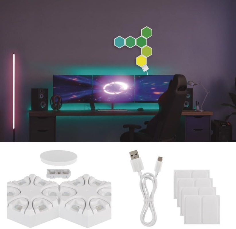 EMOS - Smart Hexagon Table and Wall Lamp, 6 Pieces Hexagon Elements 2-In-1 - Wifi Modular Lighting with RGBIC Colour Spectrum, Dimmable - Handyapp, Voice Assistants - 1M USB Charging Cable - White image number 1