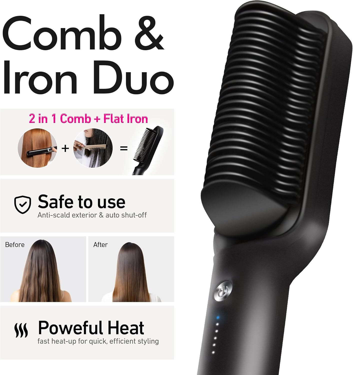 Hair Straightener Brush, Anti-Scald Straightening Comb for Women, Fast-Heating Ionic Hair Tool with 6 Adjustable Heat Temps Control, 30S Quick Heat up & 20-Minute Auto-Off Safety Feature, Black image number 5