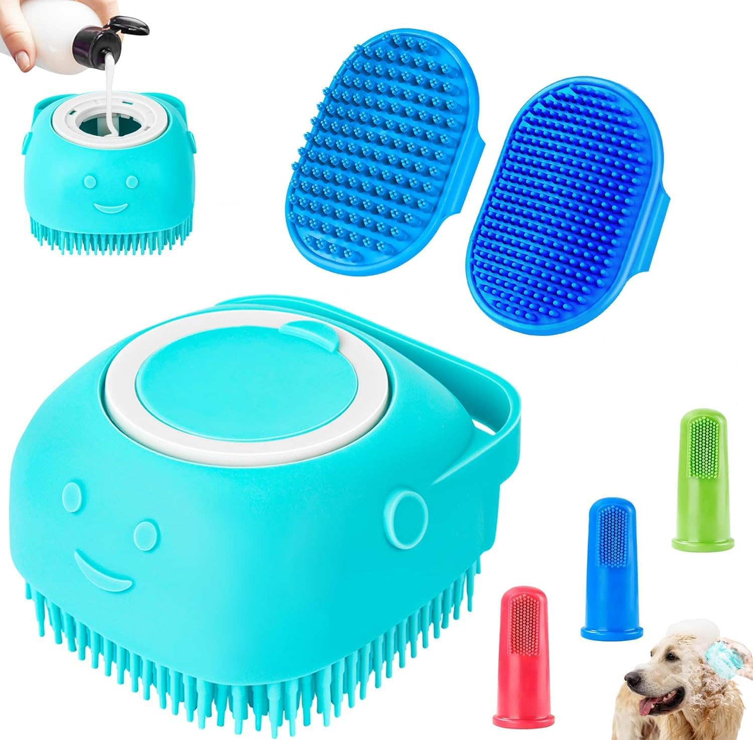 6PCS Dog Bath Brush with 3Pcs Dog Toothbrush, Dog Scrubber for Bath, Dog Shampoo Brush with Adjustable Ring Handle, Dog Shower Brush for Long Short Hair