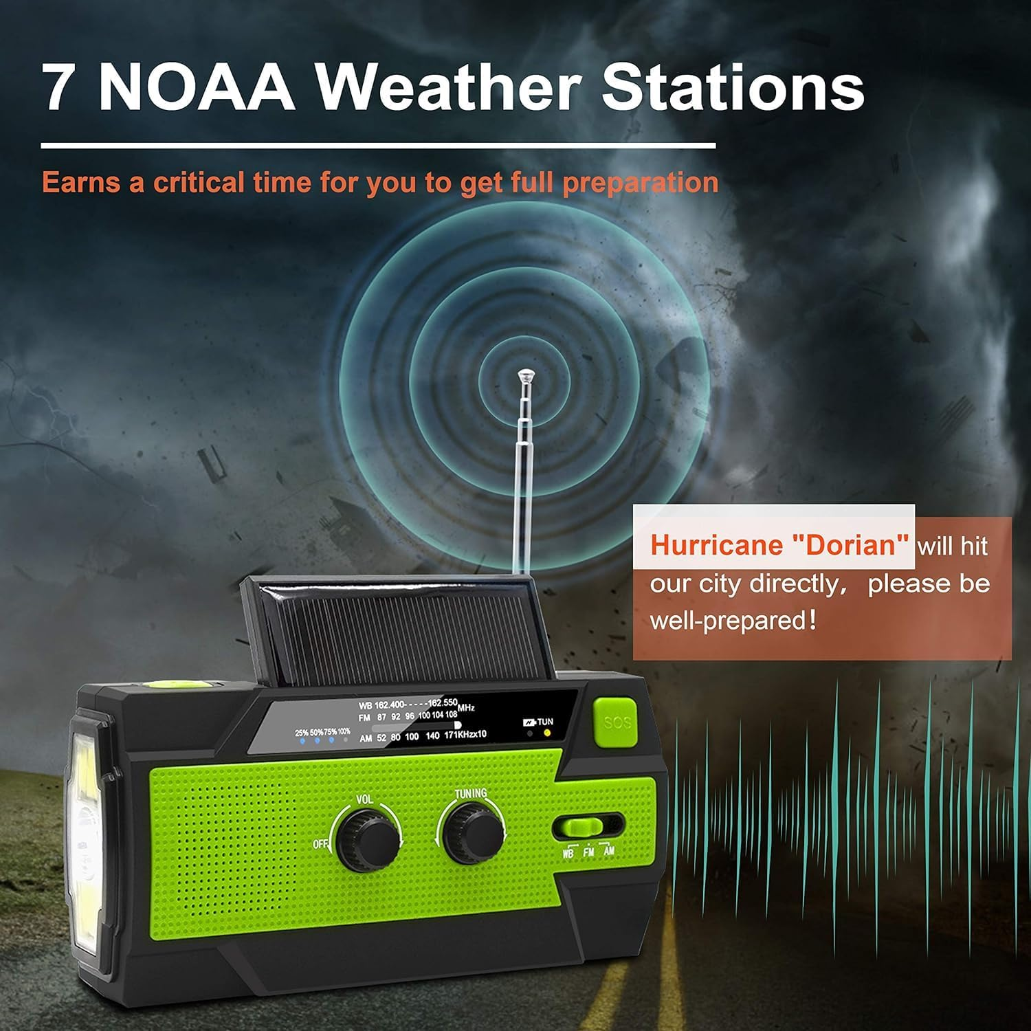 YASMITA Emergency Crank Radio with 4000Mah Phone Charger, AM FM NOAA Weather Radio with 1W 3 Mode Torch & Motion Sensor Reading Lamp, USB, Solar Power, SOS, for Home & Outdoor Emergency (Green) image number 5