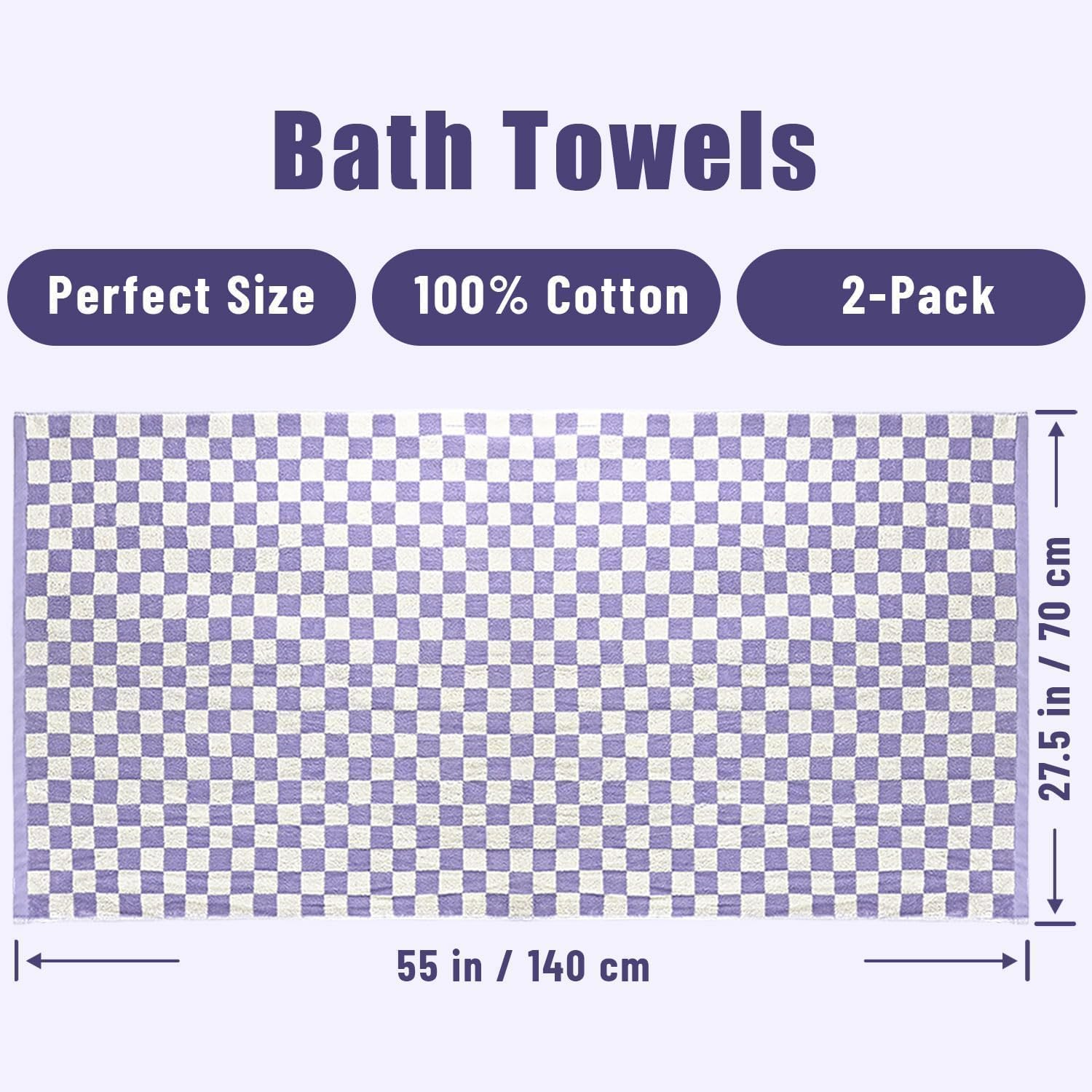 Jacquotha Shower Towels for Bathroom 27.5X55 Inches - Quick Dry Bath Towels Extra Large (2Pack), Cute Towels Checkered Bathroom Towels Set Lilac, 520GSM Absorbent Cotton Towels