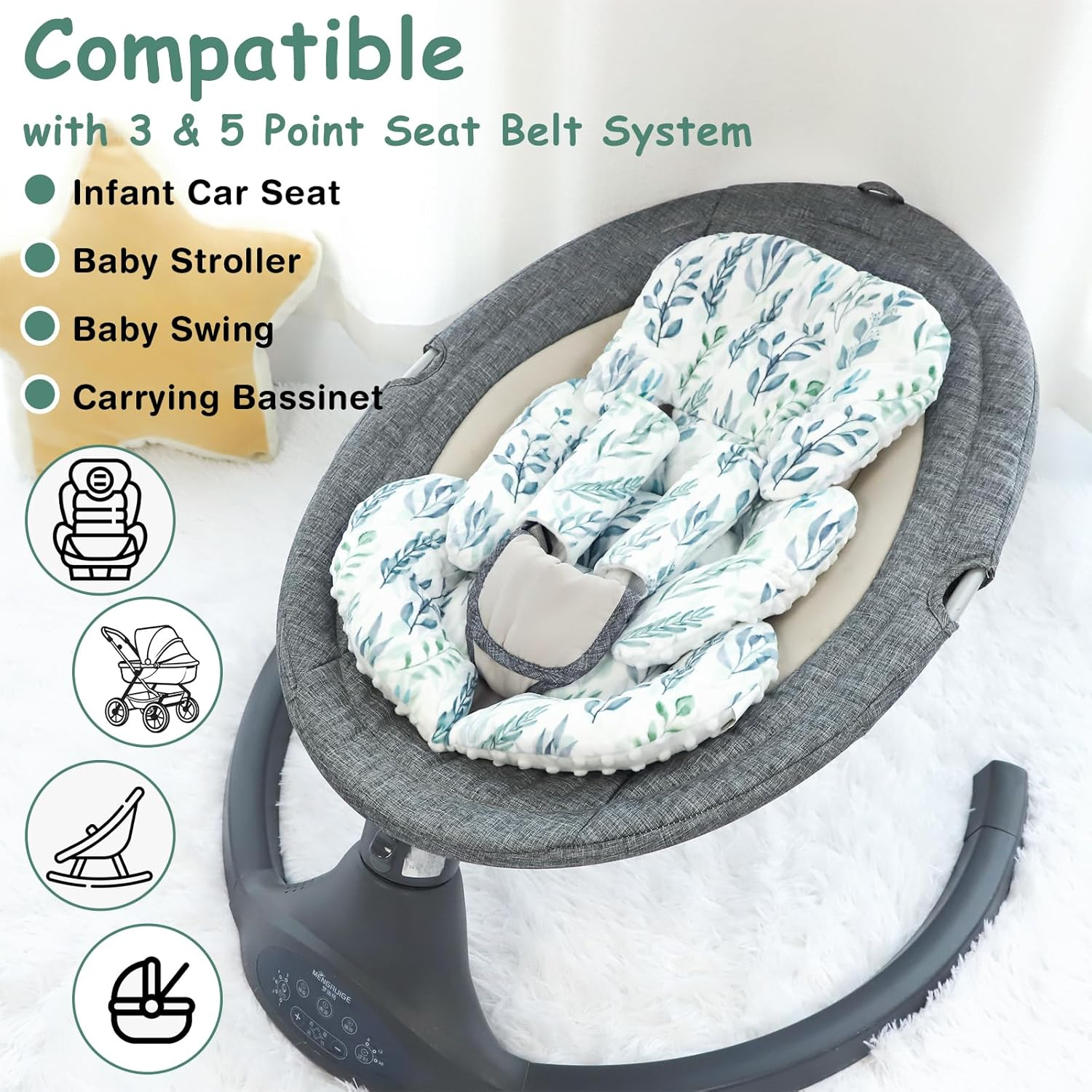 DILIMI Infant Car Seat Insert, Soft Baby Head Support with 2 Strap Paddings, Reversible Newborn Car Seat Cushion Insert for Stroller, Swing(Green Leaf) image number 2