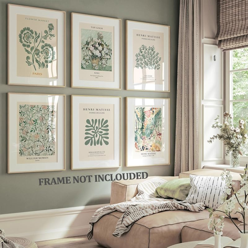 ZIENVE Vintage Matisse Art Poster &ndash; Set of 6 Abstract Sage Green Boho Wall Decor, Aesthetic Eclectic Prints for Bedroom, Dorm, Home & Office, 20 X 25Cm Unframed image number 2