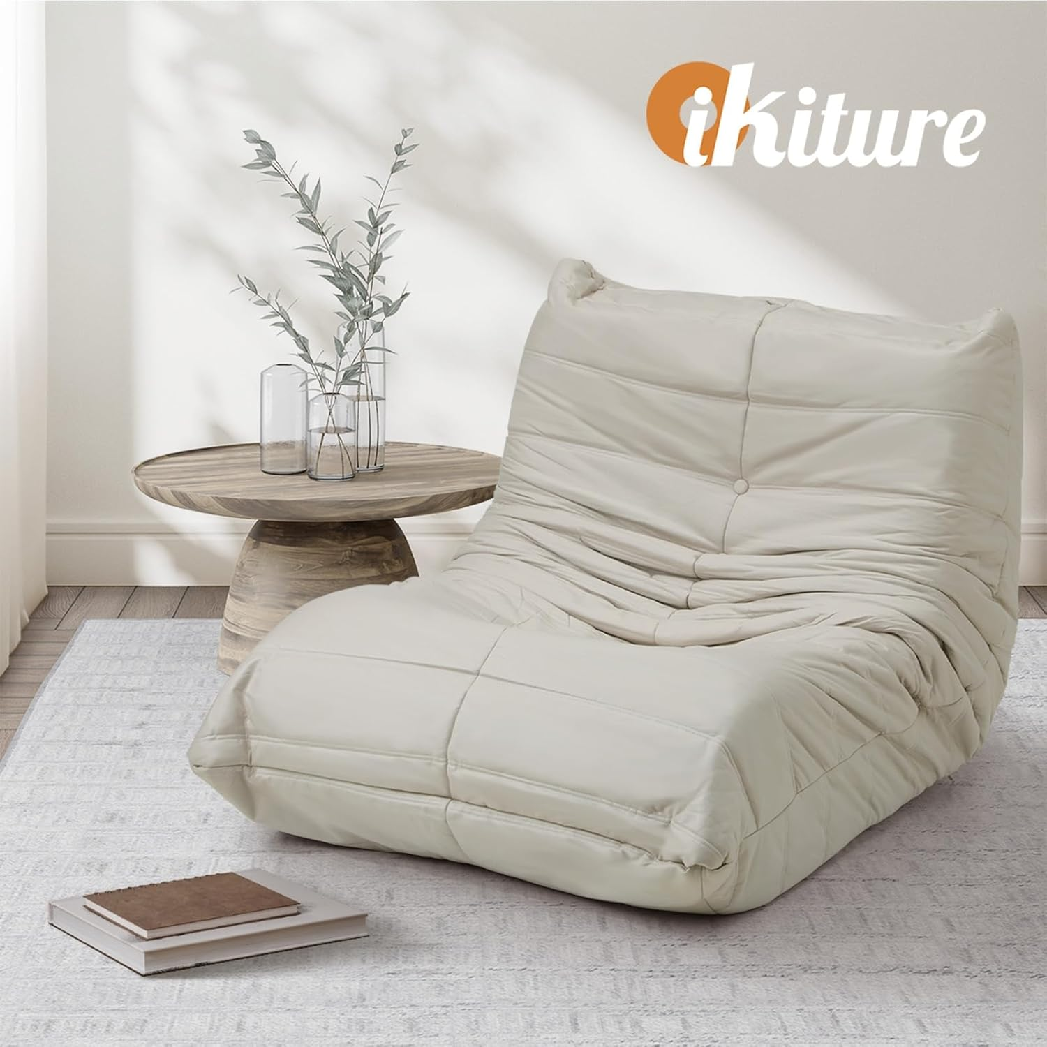 Oikiture Floor Sofa with Back Support Floor Couch Lazy Sofa for Living Room and Bedroom 93 X 96 X 74Cm Beige - B8-Luck-S-Green image number 3