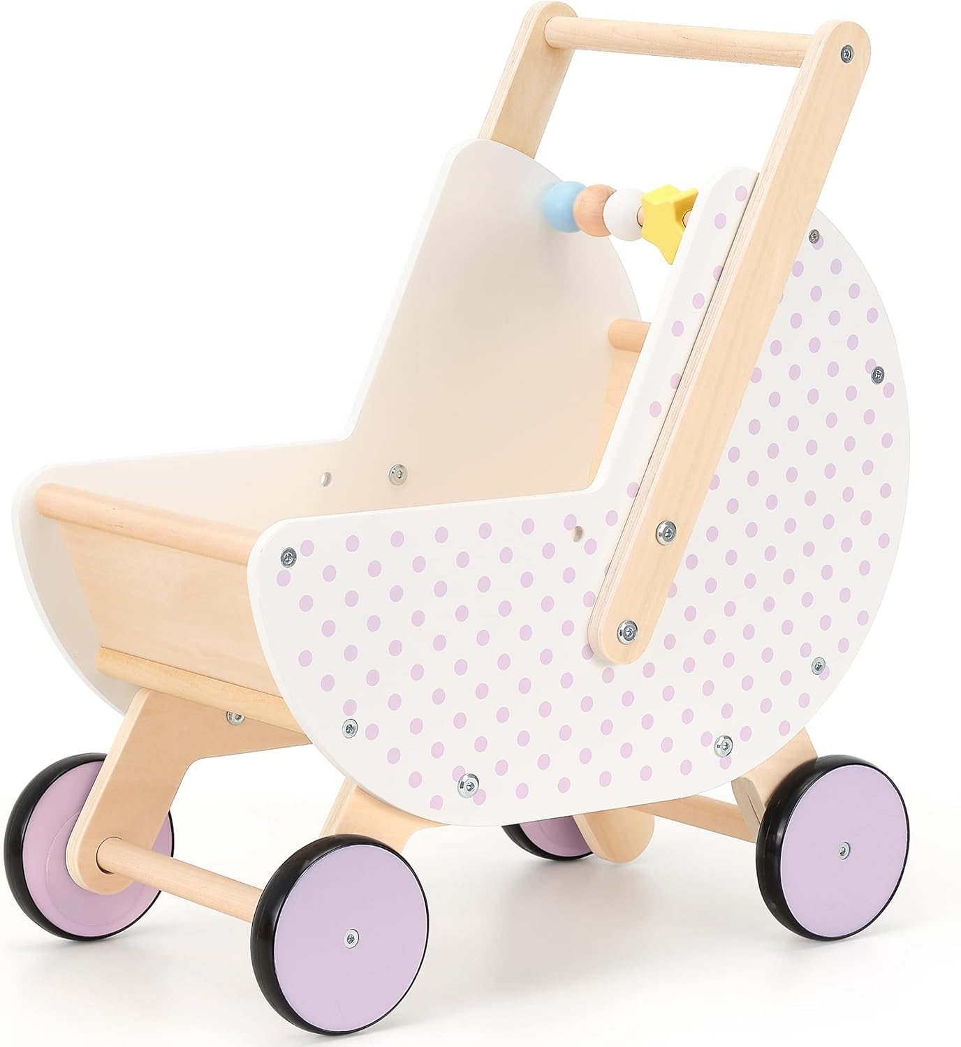 Pillowhale Wooden Baby Walker & Doll Stroller &ndash; Adjustable Handle Push Cart, Anti‑Tip, Quiet Wheels, Pretend Shopping Cart &ndash; Montessori Wooden Walker for Babies, Doll Stroller for Toddlers 12M+ image number 3