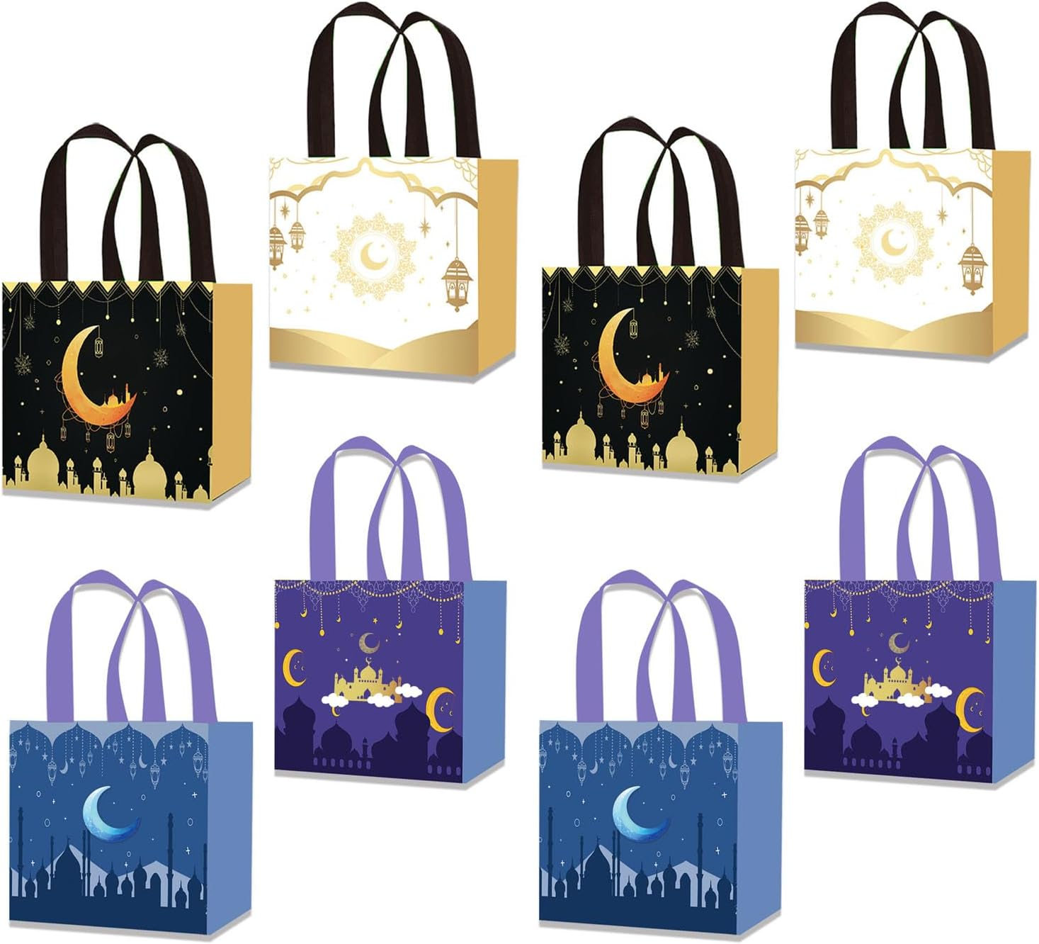 BEANPRECOY 8 Pcs Reusable Eid Mubarak Gift Bags, Ramadan/Eid Al-Adha Non-Woven Party Favors for Candy & Decor,20X20X15Cm Muslim Celebration Supplies Moon and Lantern Design,Black,White,Blue and Purple image number 4
