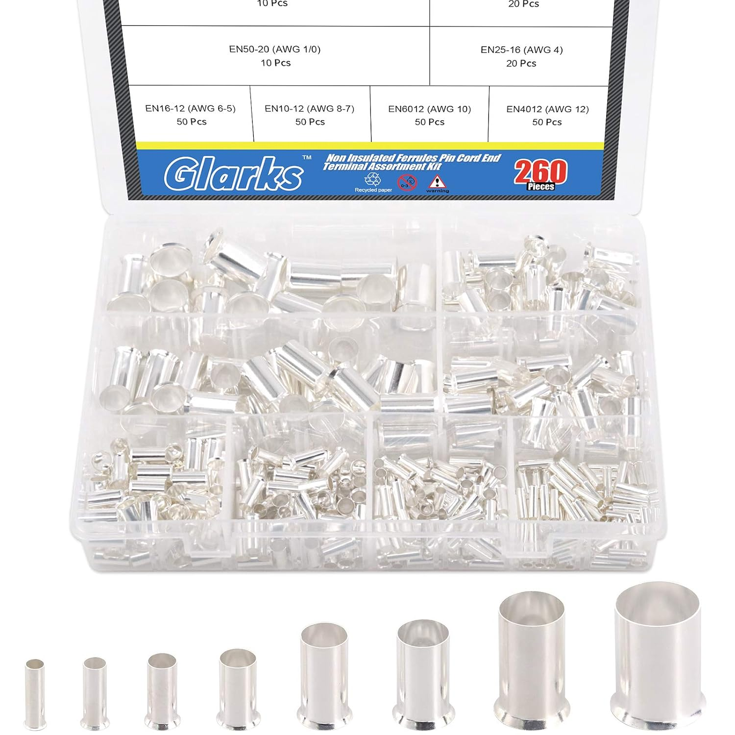 Glarks 260Pcs 8 Sizes AWG 12 10 8 6 4 2 1 2/0 Wire Ferrules Kit Silver Plated Copper Crimp Connector Non Insulated Ferrules Pin Cord End Terminals Assortment Kit image number 1