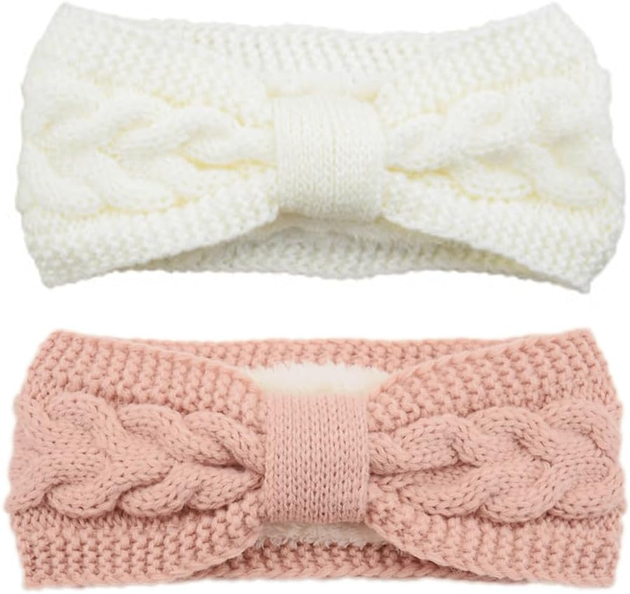YOFASEN Pack of 2 Women'S Winter Headbands, Lined Fleece Hair Bands, Elastic Headband, Ear Warmer, Hairband, Crochet Hair Accessories, Knitted Headband for Women and Girls (White + Pink)