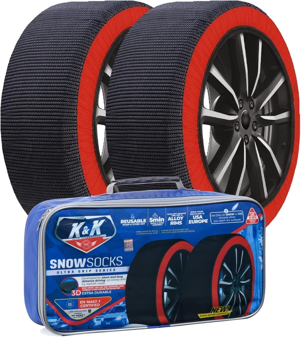 KNK Boutique K&K Automotive Snow Socks for Tires - Pro Series Ultimate Grip Chain Alternative Traction Device Truck SUV Van Car Textile Winter Emergency Kit Auto Accessory 2023 Model European (Large) image number 2