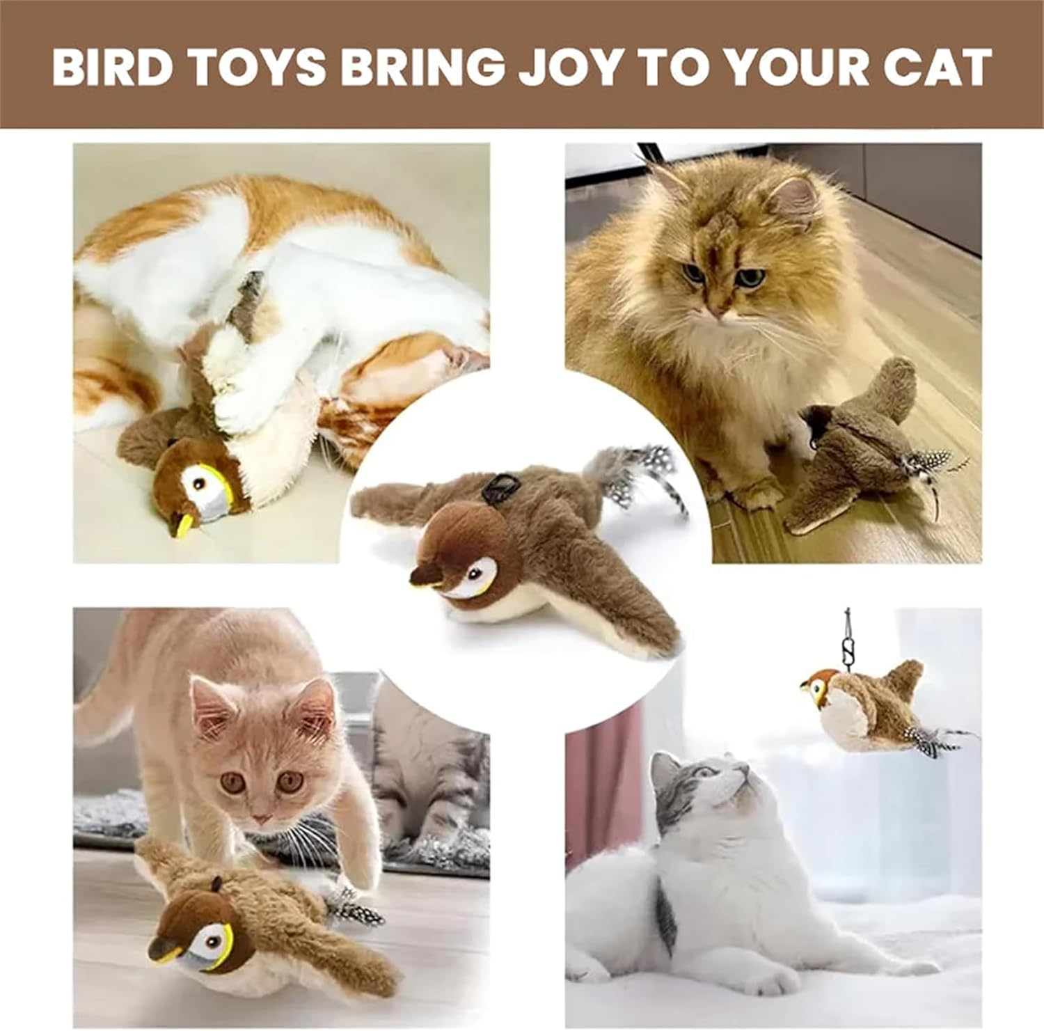 Costec Interactive Cat Toys, Rechargeable Flapping Wings Sparrow Catnip Toys, Chirping Toy, Simulation Bird Interactive Automatic, Cat Toy for Kitten Exercise, Fluffy Plush Pet Toys, Touch Activated image number 6