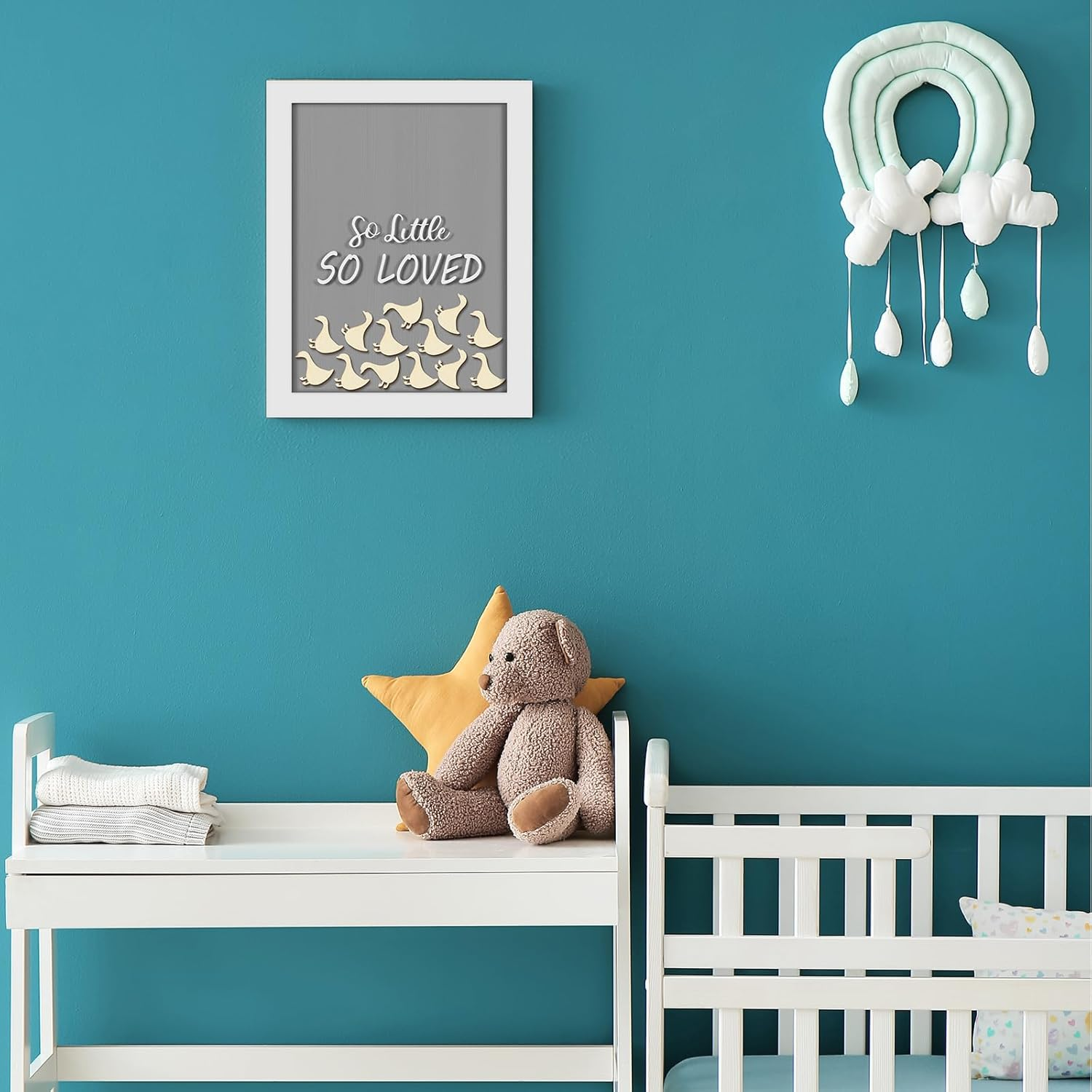 Chunful so Little so Loved Wooden Goose Token Frame, 1 Goose Baby Shower Frame Guestbook, Gender-Neutral Pregnancy Keepsake with 65 Signature Tokens and Pen, Gray and White image number 4