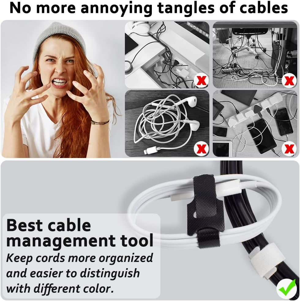 70Pcs Computer Cable Ties, Wire Ties, Cord Ties Reusable for Electronics, Hook and Loop Microfiber Cable Ties Extension for Storage, Black and White, 4, 6, 8 Inch - Pink Cable Ties image number 4