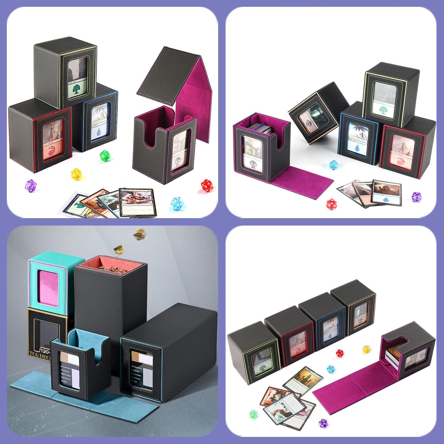 Card Box with MTG Commander Display, Patented Design Card Holder Can Hold More than 100 Double Sleeve Cards, PU Leather Card Storage Box for TCG with 2 Partitions, 1 Top Loader (Black&Blue) - Blackblue image number 4