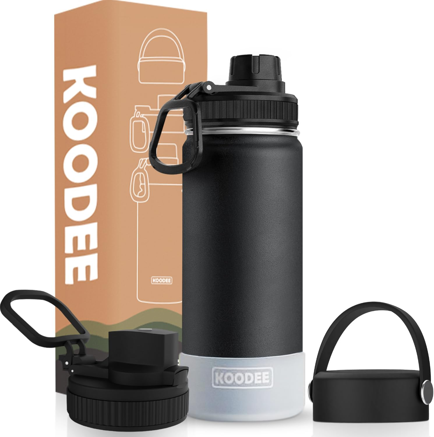 Koodee 470Ml Water Bottle for Kids Stainless Steel Vacuum Insulated Sports Water Bottle with Straw Lids, Reusable Leak Proof Water Flask for School(16Oz Black)