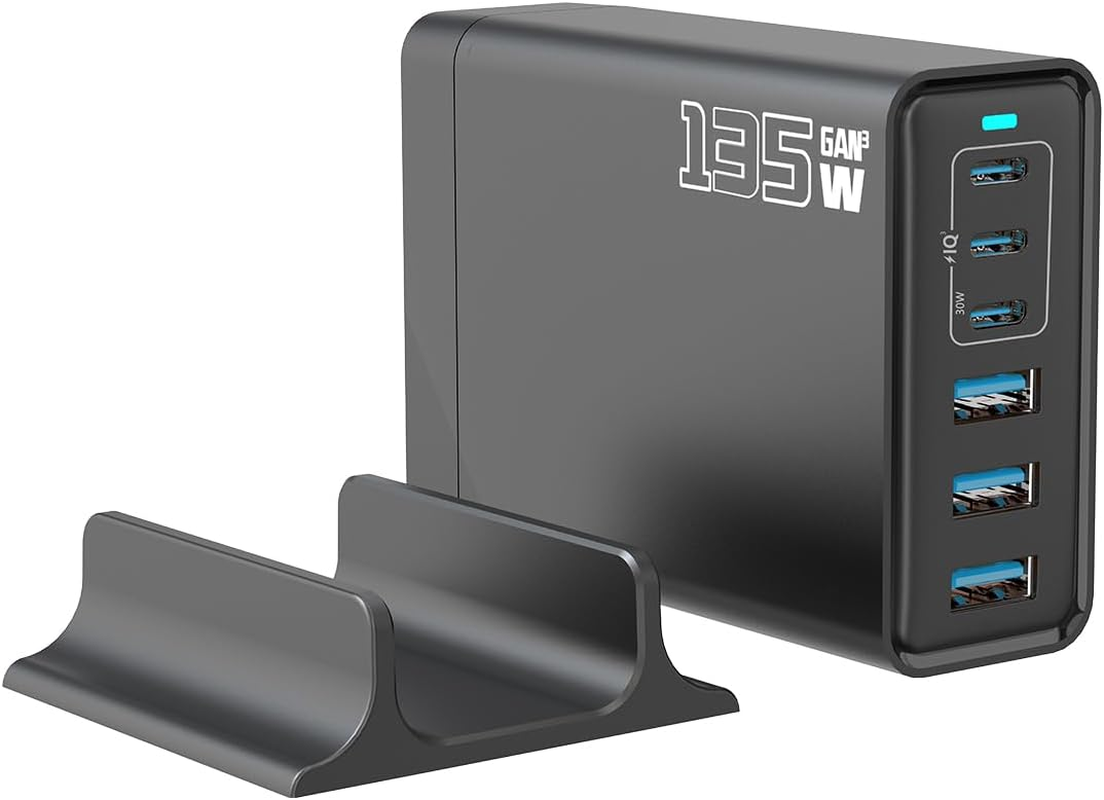 USB-C Fast Charger, 135W Portable Gan 6-Ports Charging Station, PD 20W Charging Block, Multi Port Charer Hub Suitable for Laptops, Iphone,Ipad, Samsung, Google, Xiaomi, Huawei and Other USB Devices