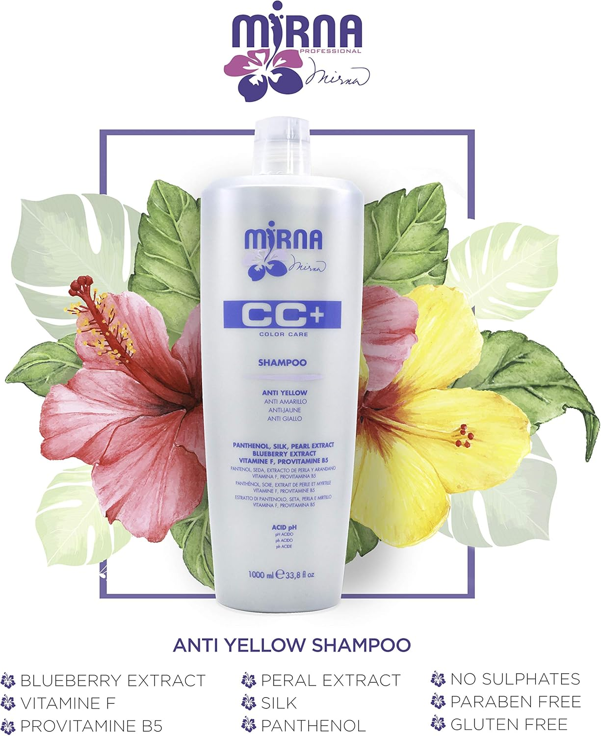 Mirna Professional anti Yellow Color Care Shampoo. Delicate Ph Acid Formula, Also Contains Vitamin F, Provitamin B5 Panthenol, Silk and Pearl Extracts. Enriched with Blueberry Extract. 1000Ml / 33.8Oz