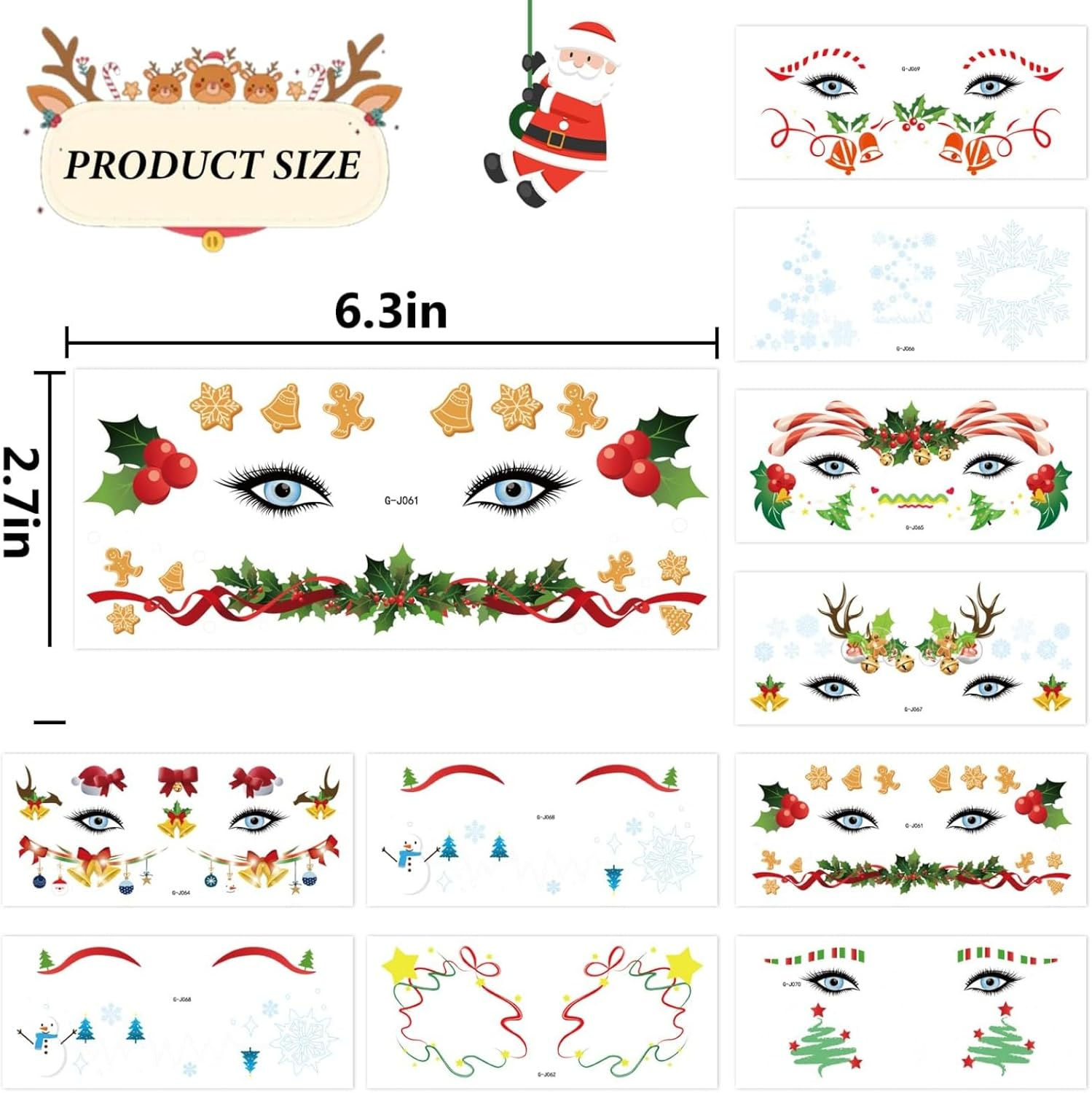 Itadaku 10 Sheets Christmas Face Temporary Tattoos, Cute Holiday Makeup Stickers for Adults, Christmas Party Gifts & Decorations image number 2